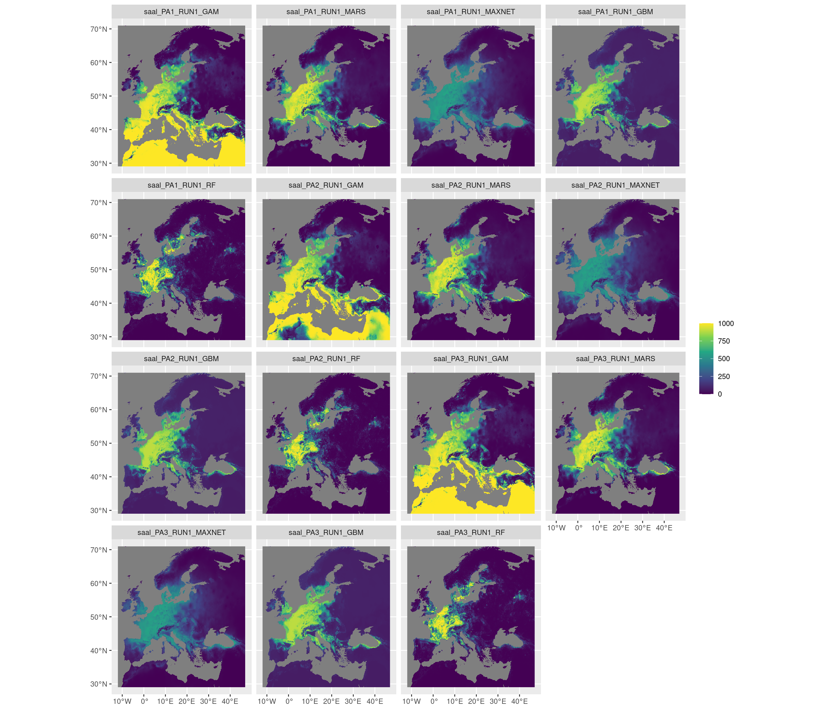 Projection de la distribution potentielle contemporaine sur l'Europe, selon les 6 algorithmes et les 3 runs.
