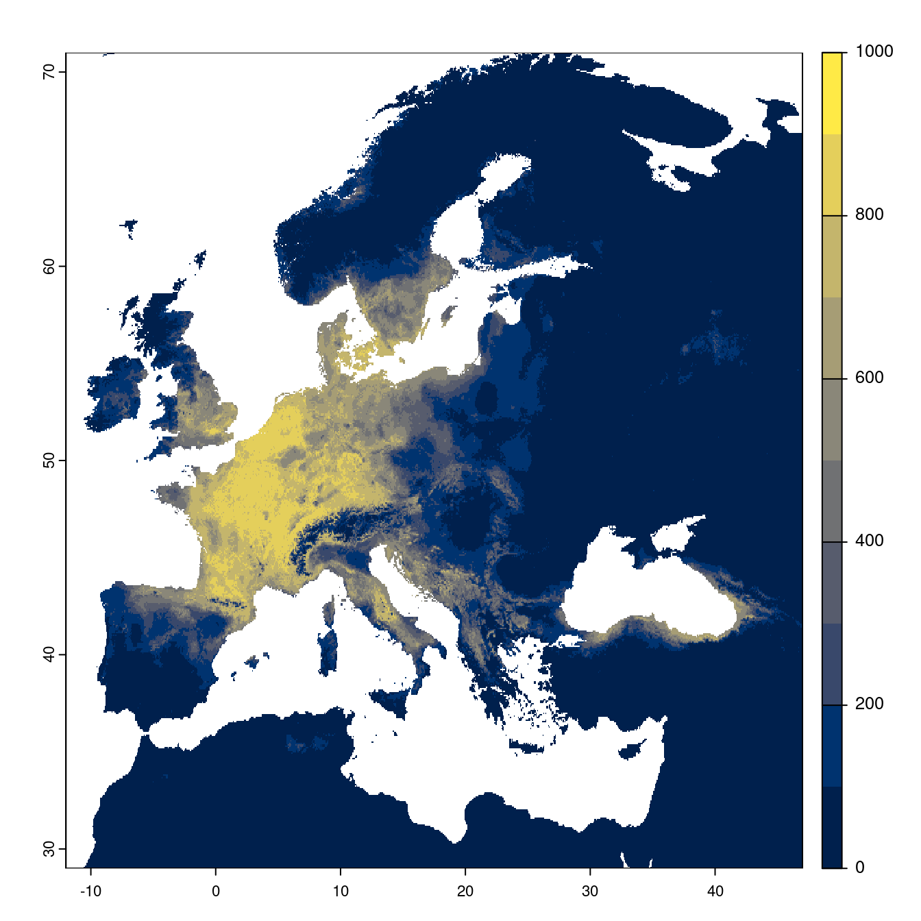 Projection des distributions potentielles futures jusqu'à l'horizon 2100 sous le scénario SSP5-8.5 (modèle d'ensemble).