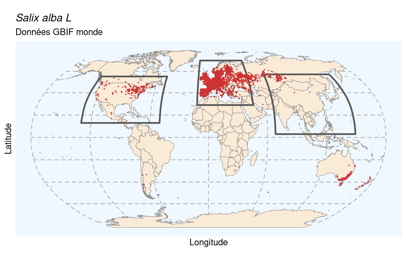 Occurrences de Salix alba L dans le monde.