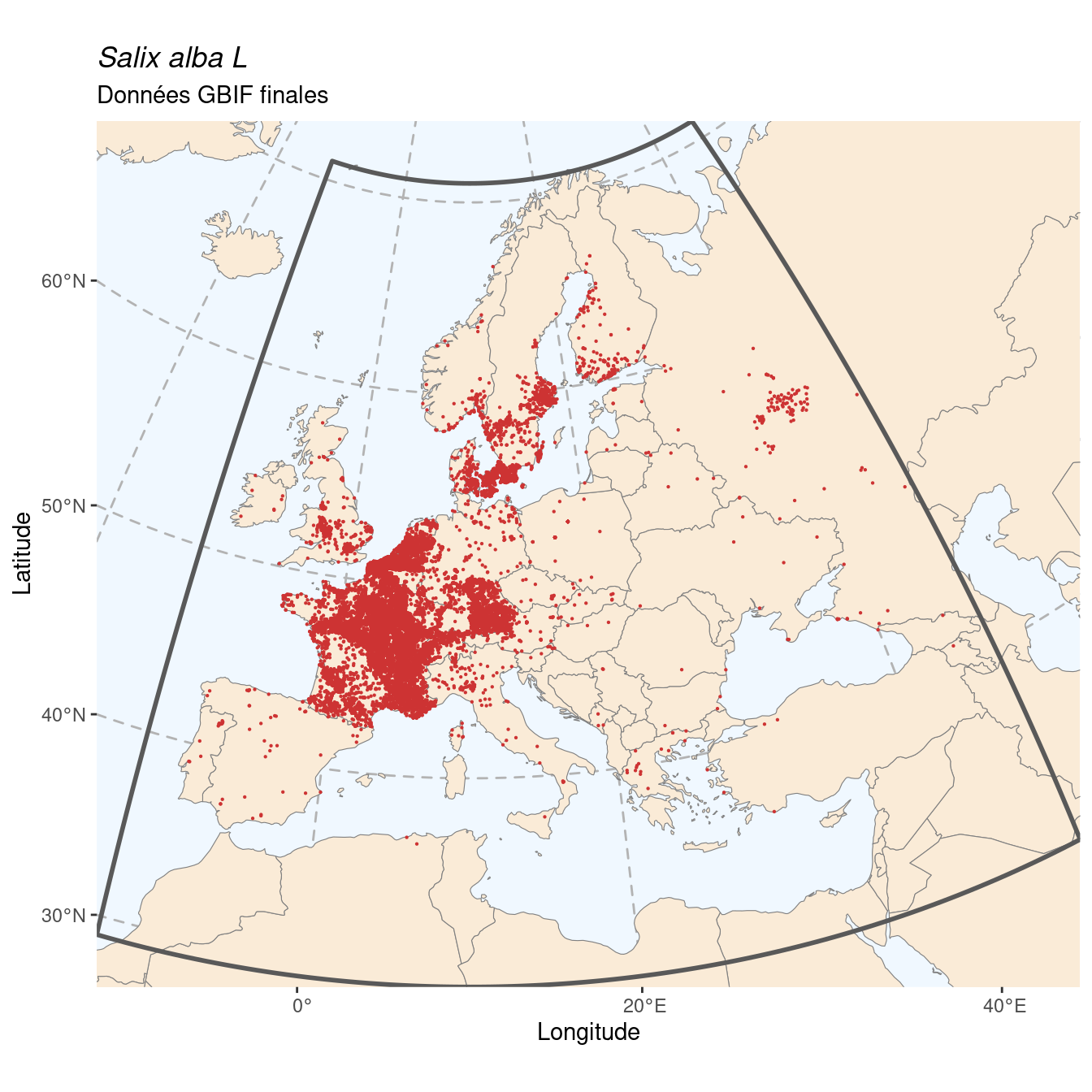 Occurrence de Salix alba L dans la région d'endémisme après sous-échantillonnage éventuel.