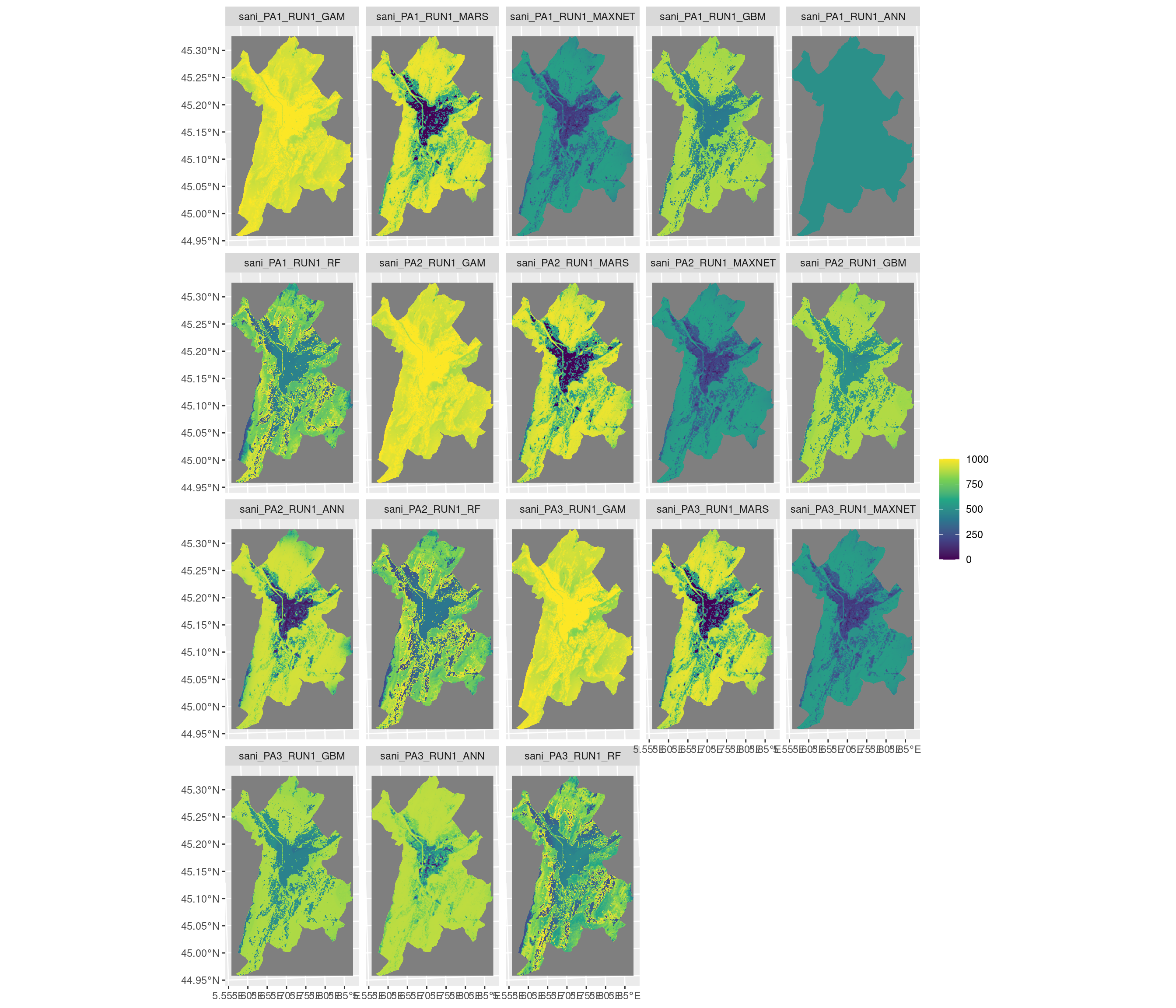 Projection de la distribution potentielle contemporaine sur la métropole de Grenoble, selon les 6 algorithmes et les 3 runs.