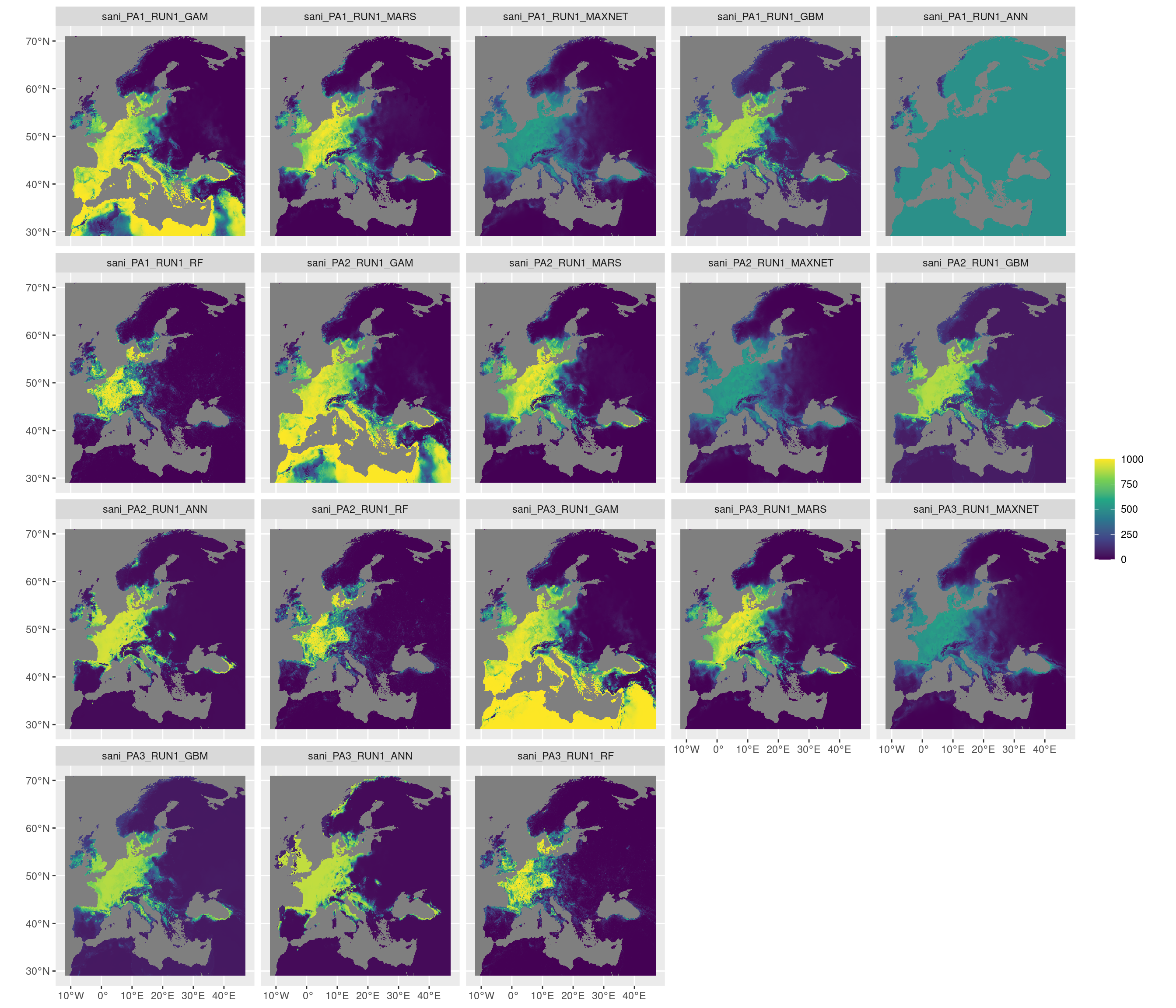 Projection de la distribution potentielle contemporaine sur l'Europe, selon les 6 algorithmes et les 3 runs.