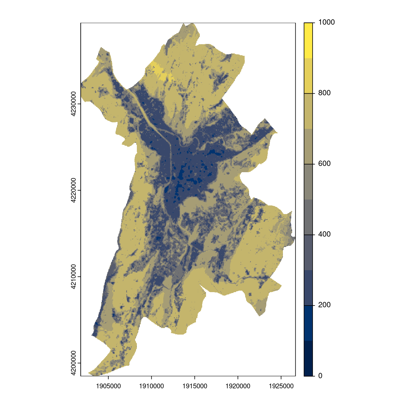 Projection des distributions potentielles contemporaine et futures jusqu'à l'horizon 2100 sous le scénario SSP5-8.5 (modèle d'ensemble, GCM IPSL).