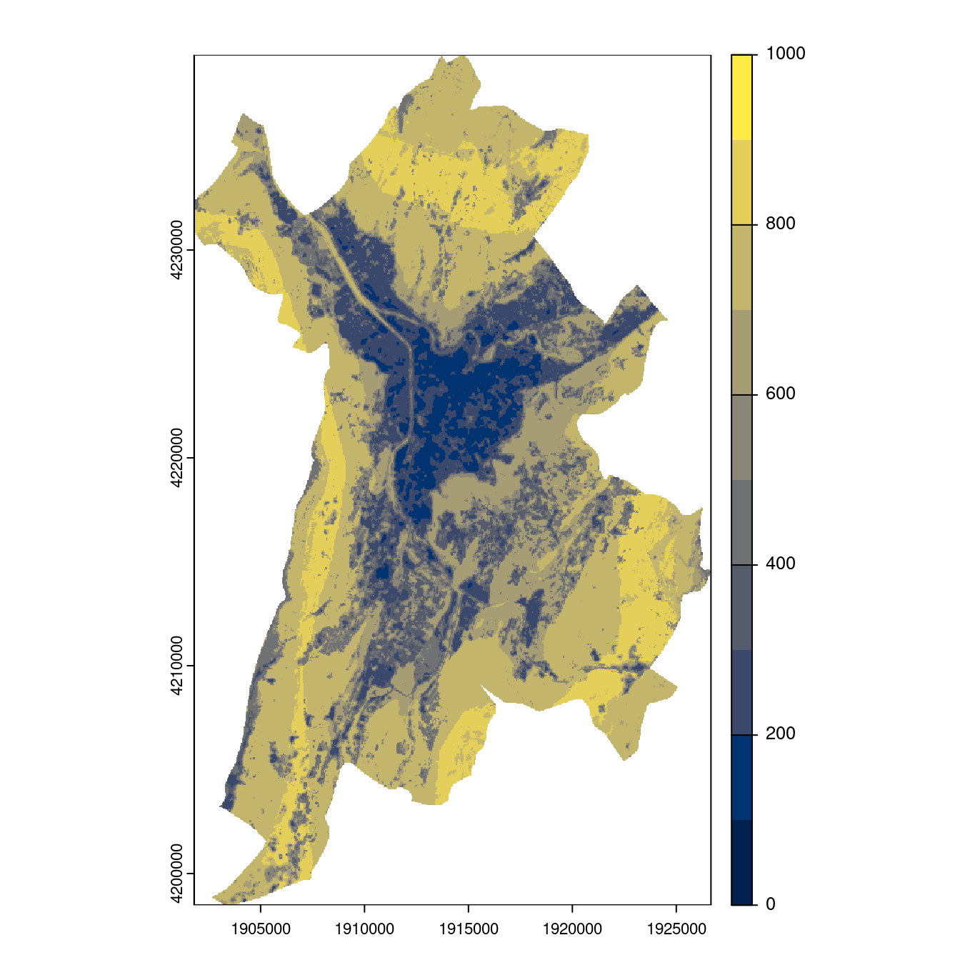 Projection des distributions potentielles contemporaine et futures jusqu'à l'horizon 2100 sous le scénario SSP5-8.5 (modèle d'ensemble, GCM IPSL).