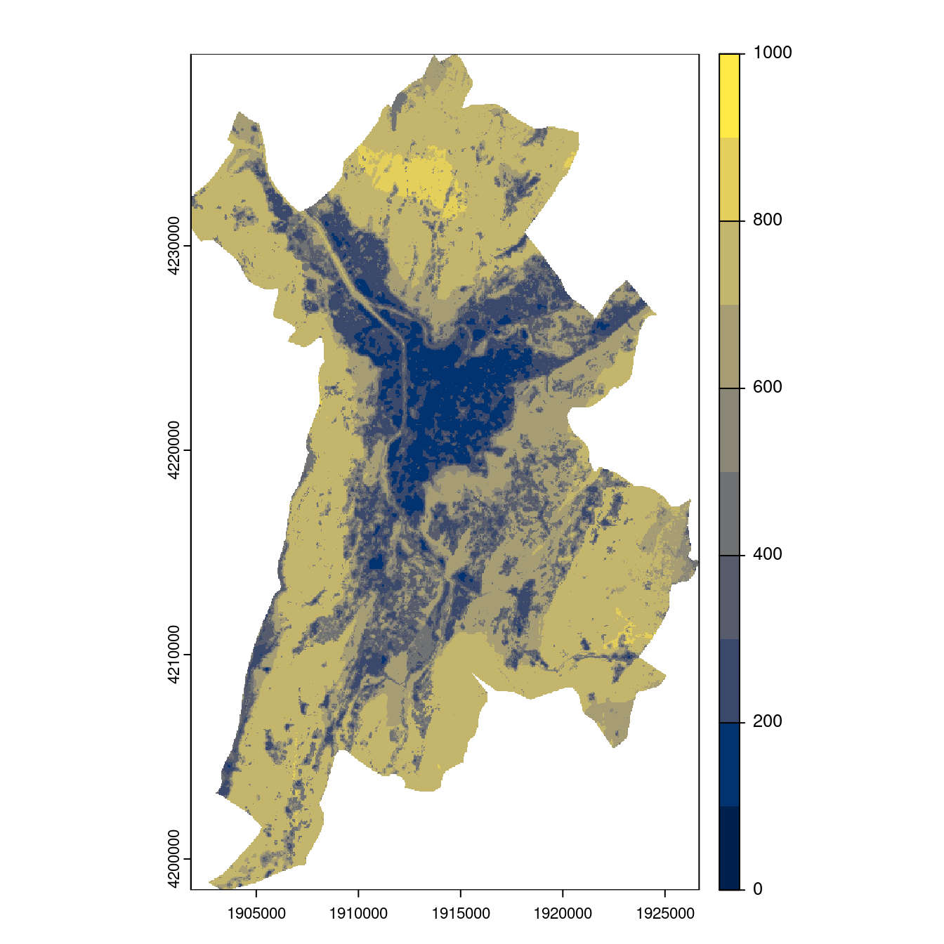 Projection des distributions potentielles contemporaine et futures jusqu'à l'horizon 2100 sous le scénario SSP5-8.5 (modèle d'ensemble, GCM IPSL).