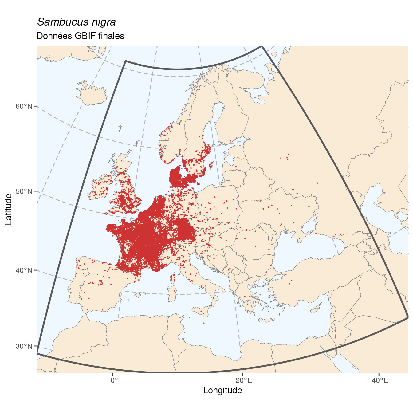 Occurrence de Sambucus nigra dans la région d'endémisme après sous-échantillonnage éventuel.