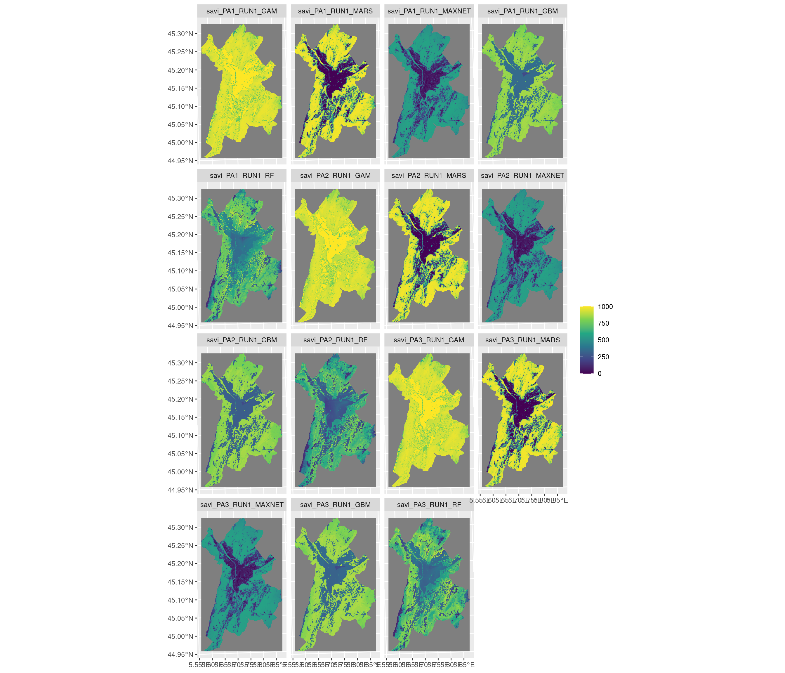 Projection de la distribution potentielle contemporaine sur la métropole de Grenoble, selon les 6 algorithmes et les 3 runs.