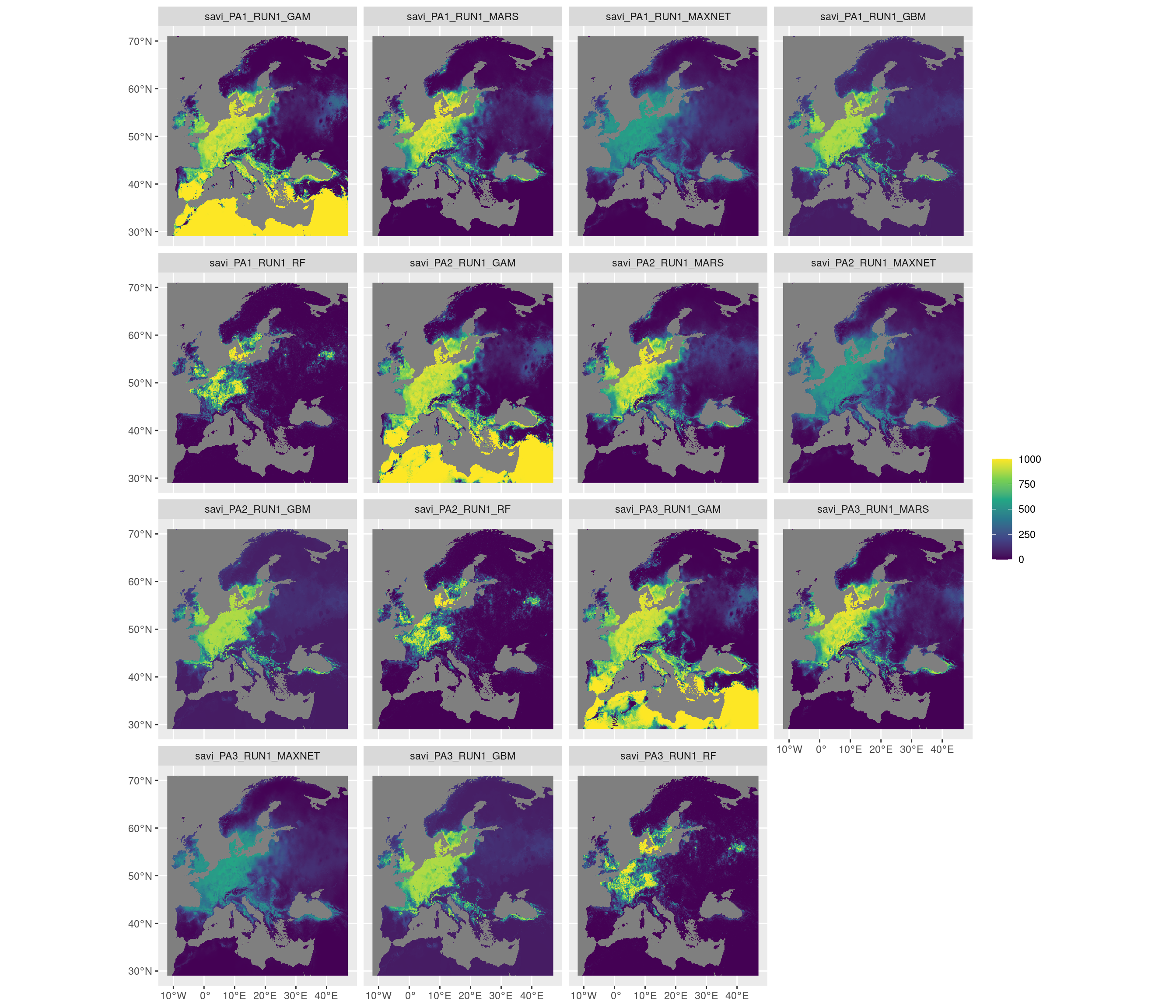 Projection de la distribution potentielle contemporaine sur l'Europe, selon les 6 algorithmes et les 3 runs.