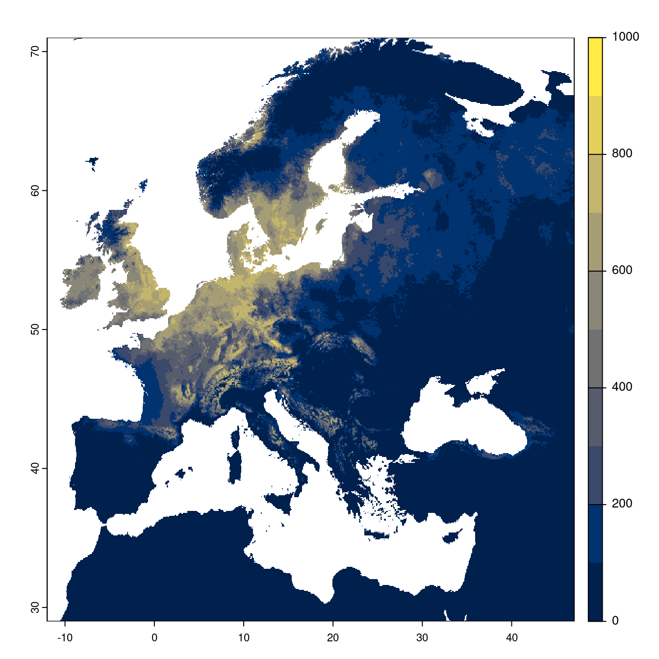 Projection des distributions potentielles futures jusqu'à l'horizon 2100 sous le scénario SSP1-2.6 (modèle d'ensemble).