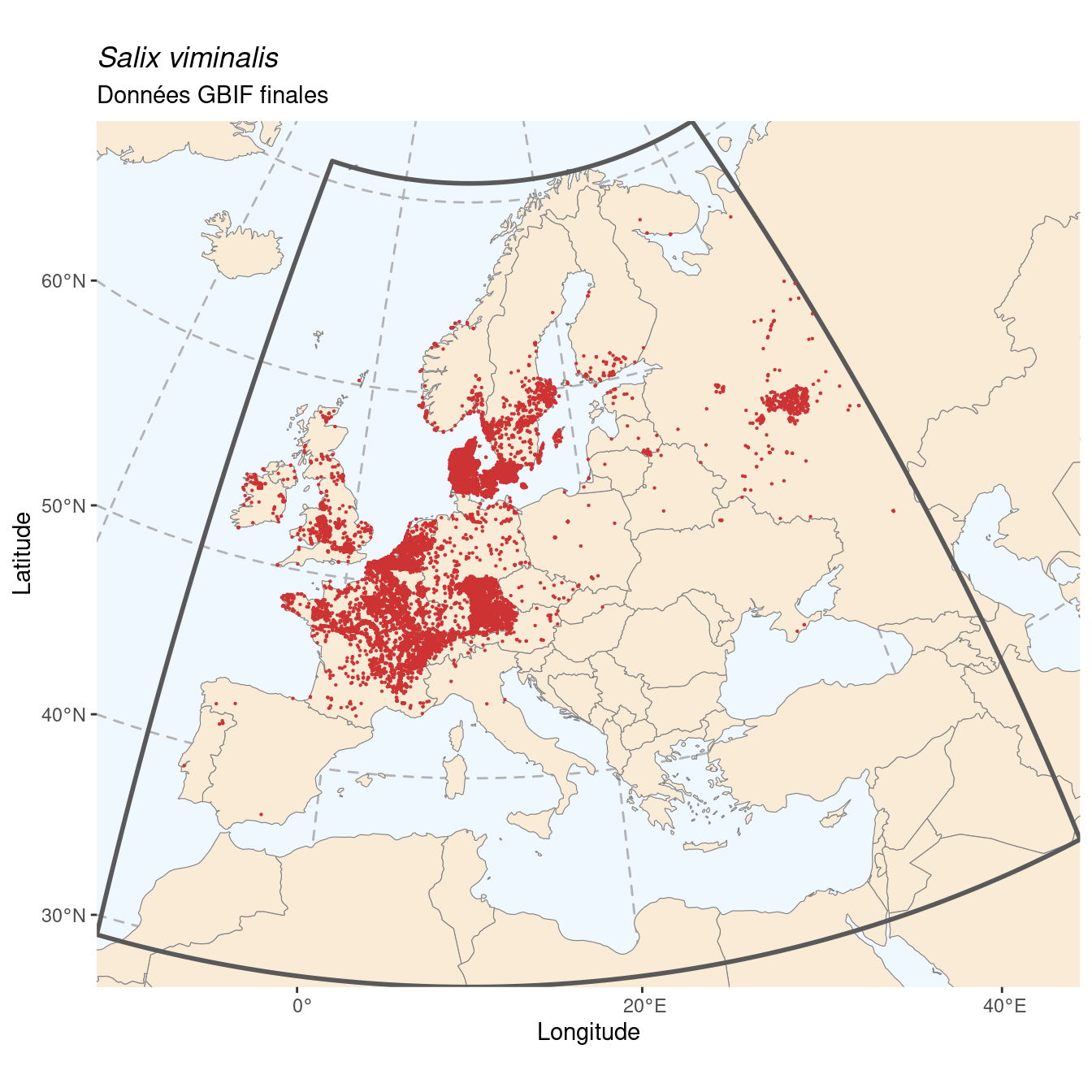 Occurrence de Salix viminalis dans la région d'endémisme après sous-échantillonnage éventuel.
