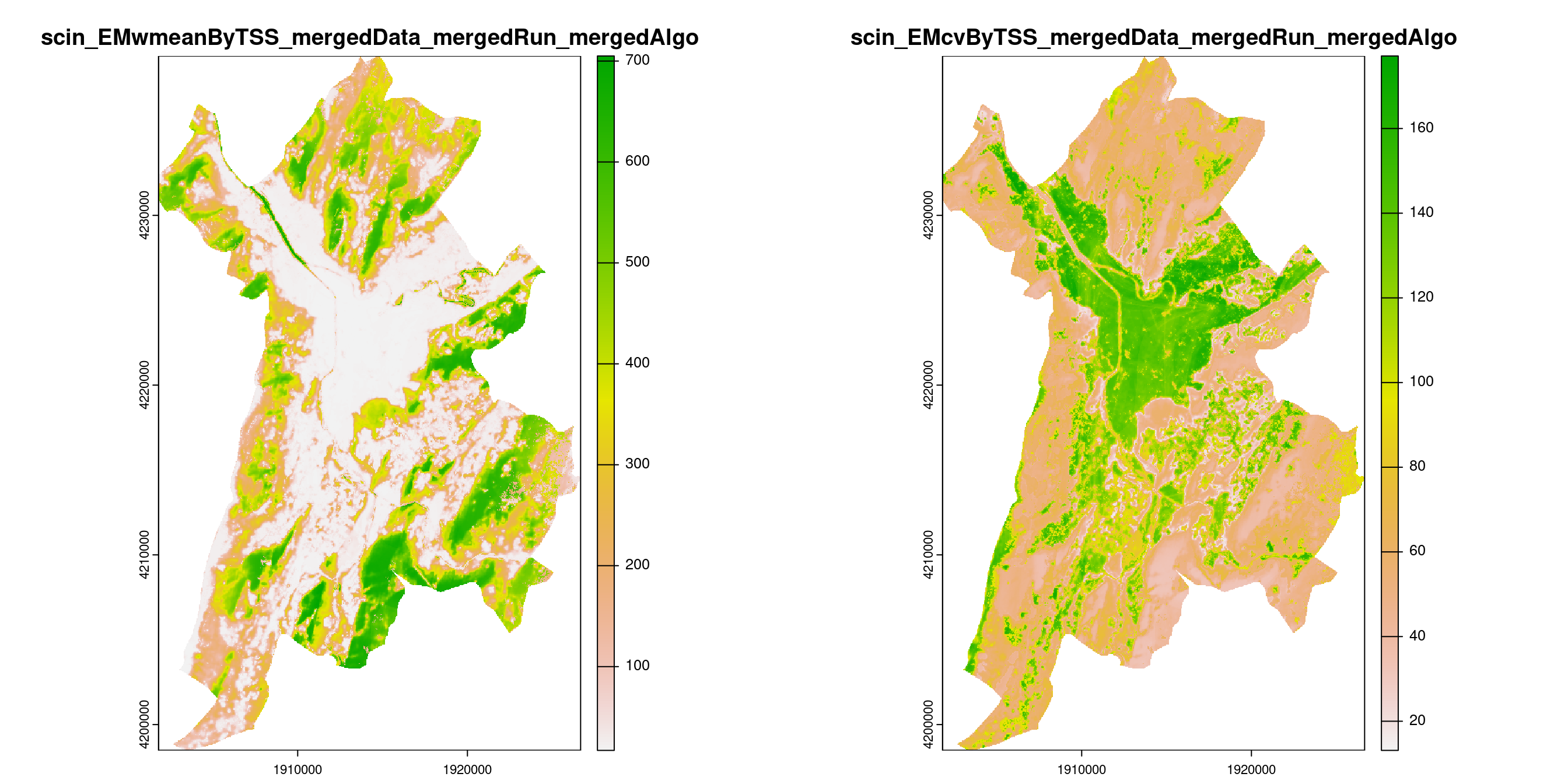 A) Projection de la distribution potentielle contemporaine (modèle d'ensemble) sur la métropole de Grenoble ; B) Incertitude associée à la projection.