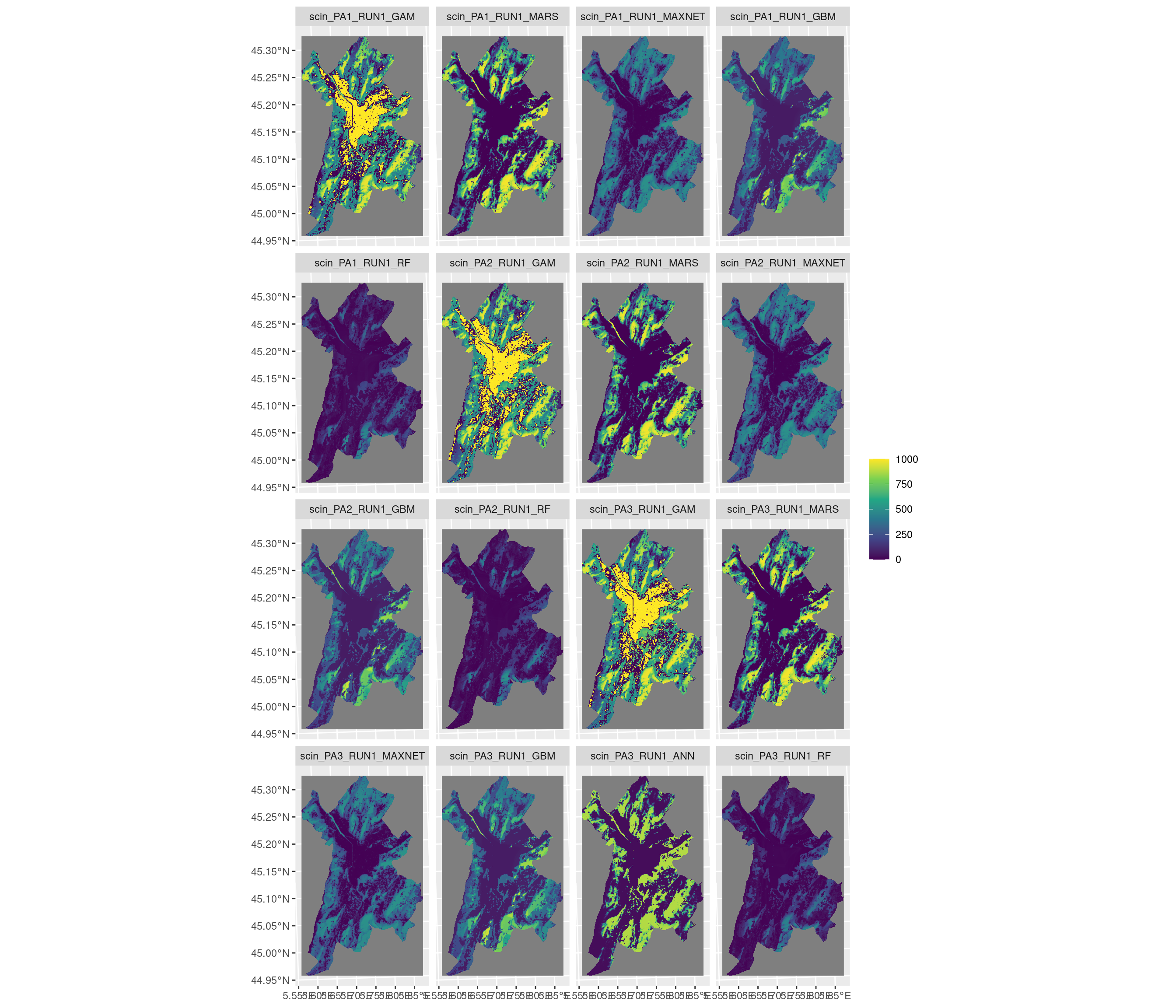 Projection de la distribution potentielle contemporaine sur la métropole de Grenoble, selon les 6 algorithmes et les 3 runs.