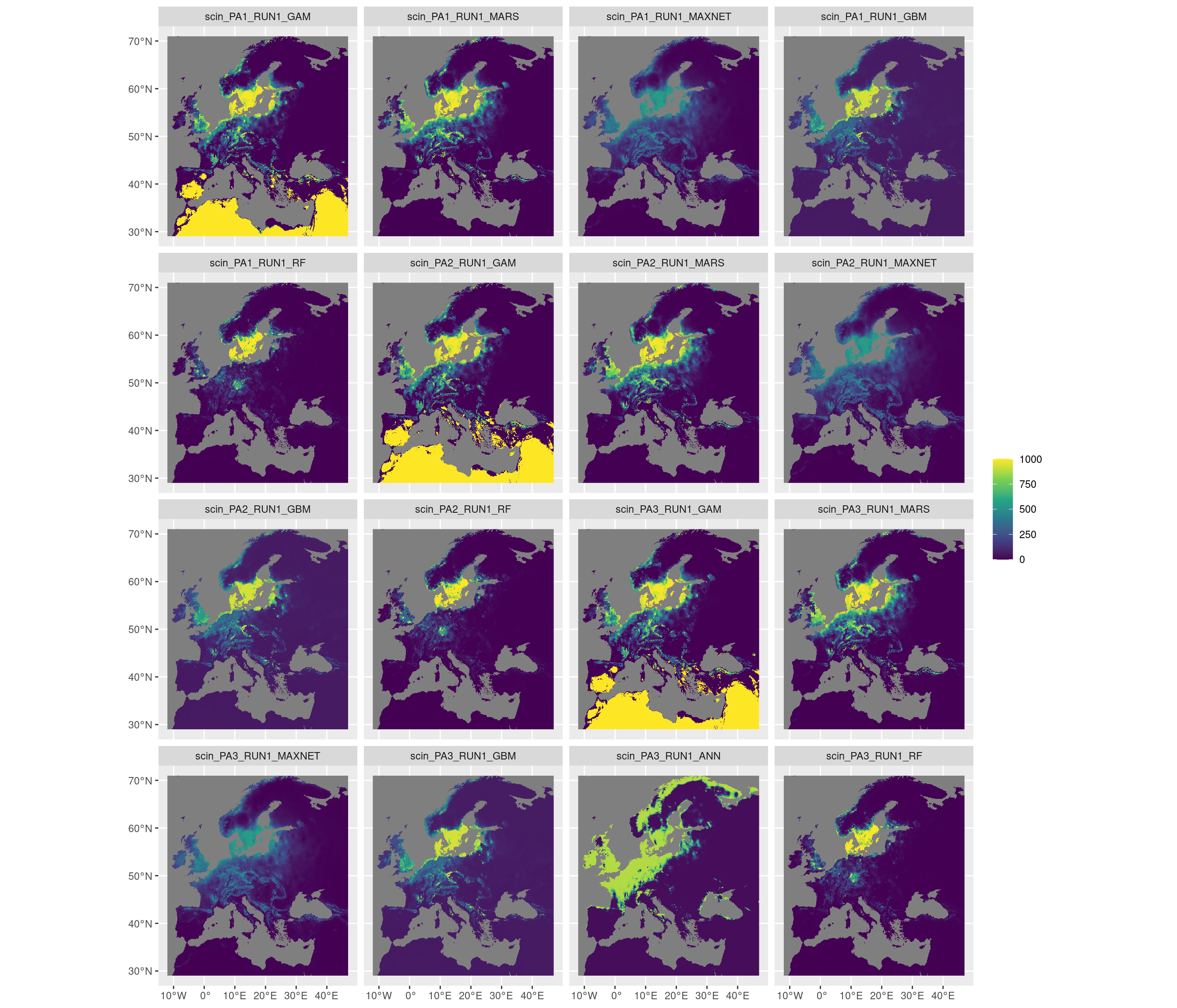 Projection de la distribution potentielle contemporaine sur l'Europe, selon les 6 algorithmes et les 3 runs.