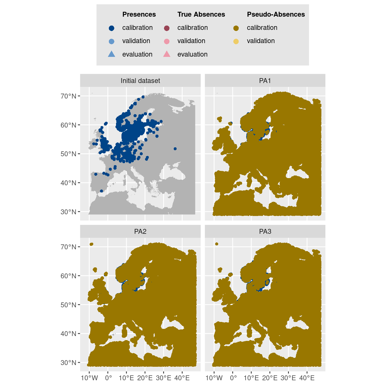 Les données d'occurrences (en haut à gauche) et les trois jeux de données aléatoires de pseudo-absences.