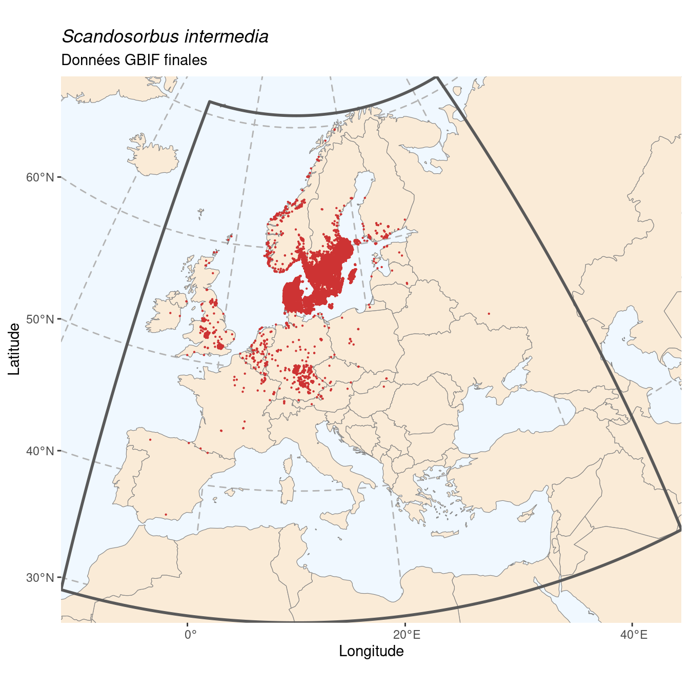 Occurrence de Scandosorbus intermedia dans la région d'endémisme après sous-échantillonnage éventuel.