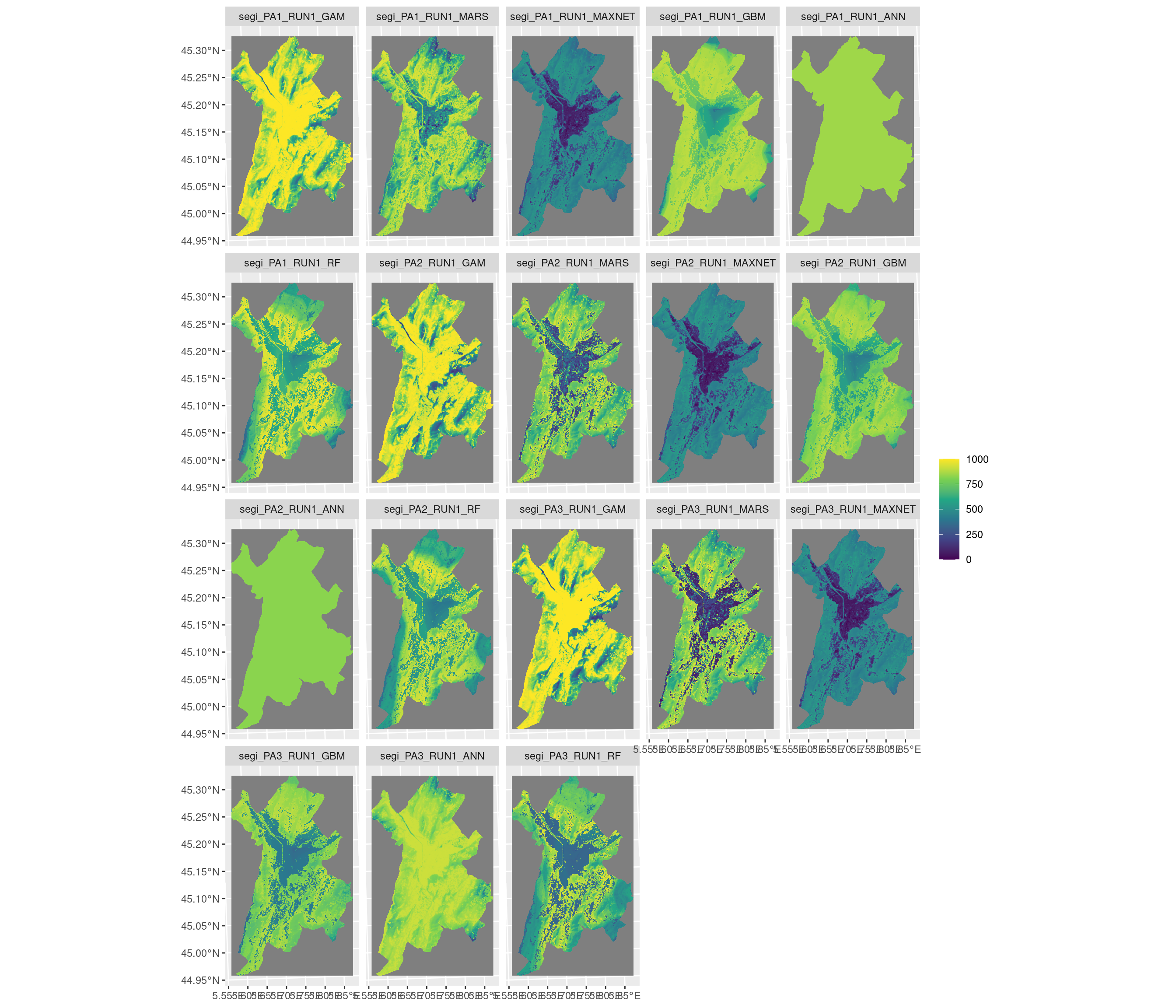 Projection de la distribution potentielle contemporaine sur la métropole de Grenoble, selon les 6 algorithmes et les 3 runs.