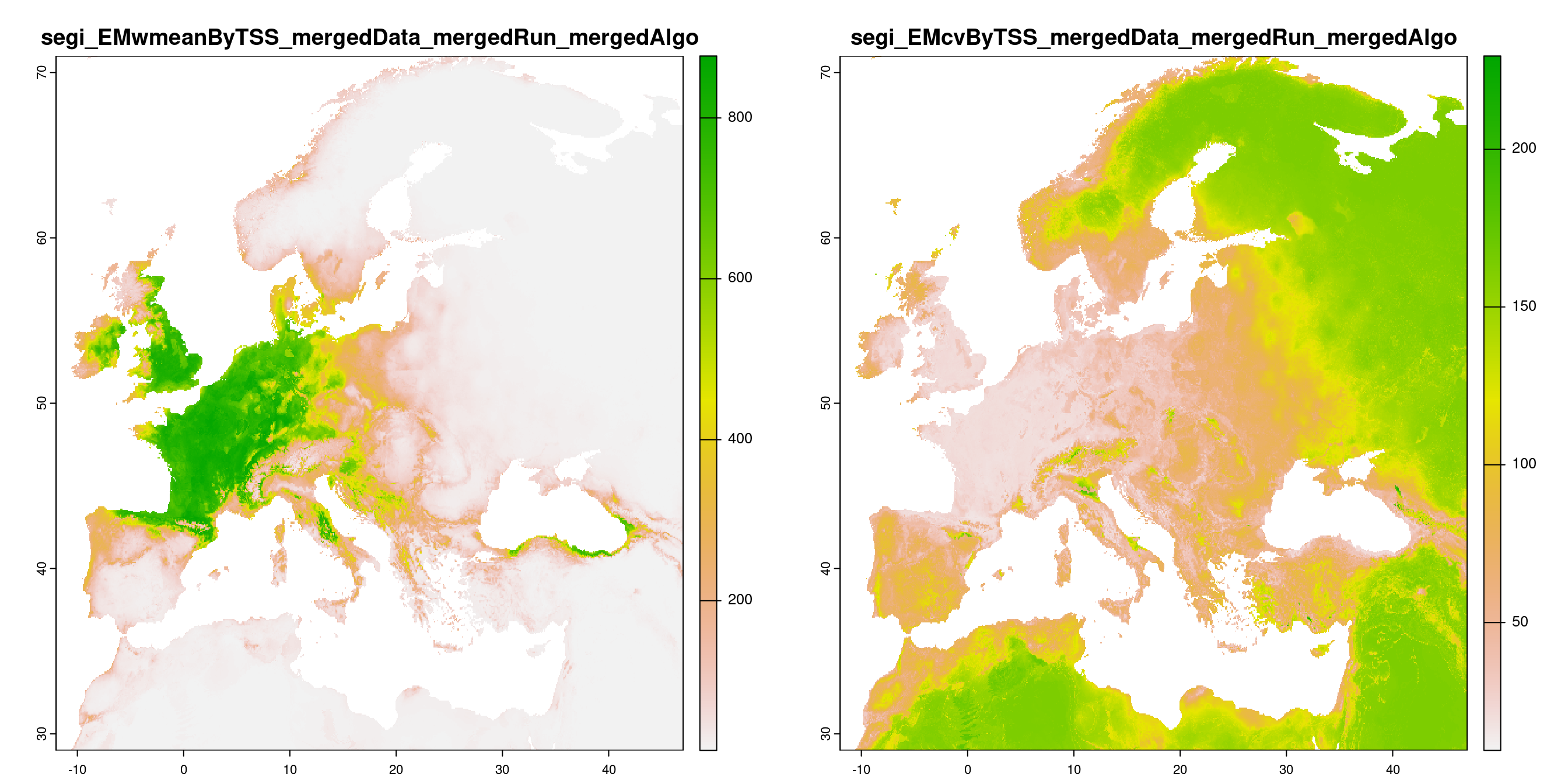 A) Projection de la distribution potentielle contemporaine (modèle d'ensemble) ; B) Incertitude associée à la projection.