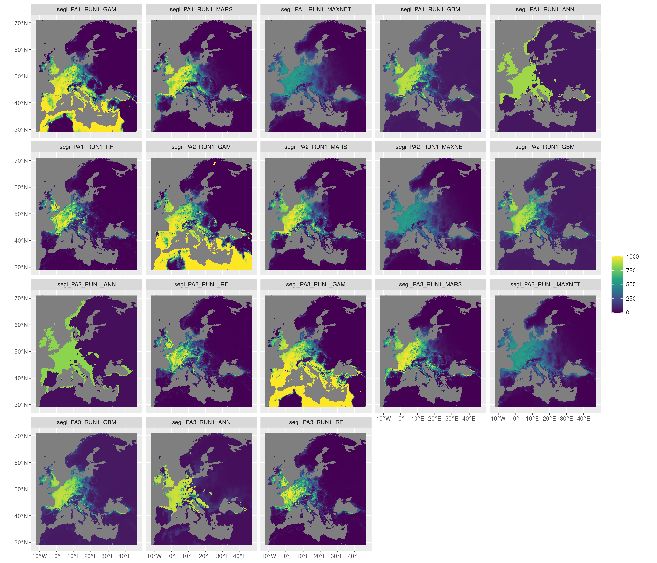 Projection de la distribution potentielle contemporaine sur l'Europe, selon les 6 algorithmes et les 3 runs.