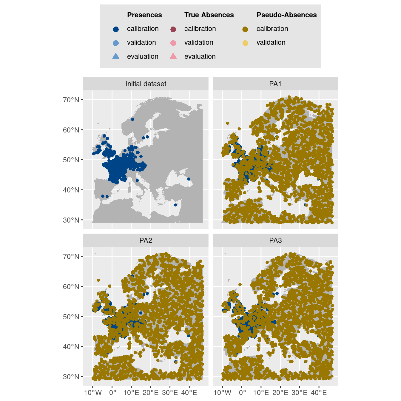 Les données d'occurrences (en haut à gauche) et les trois jeux de données aléatoires de pseudo-absences.