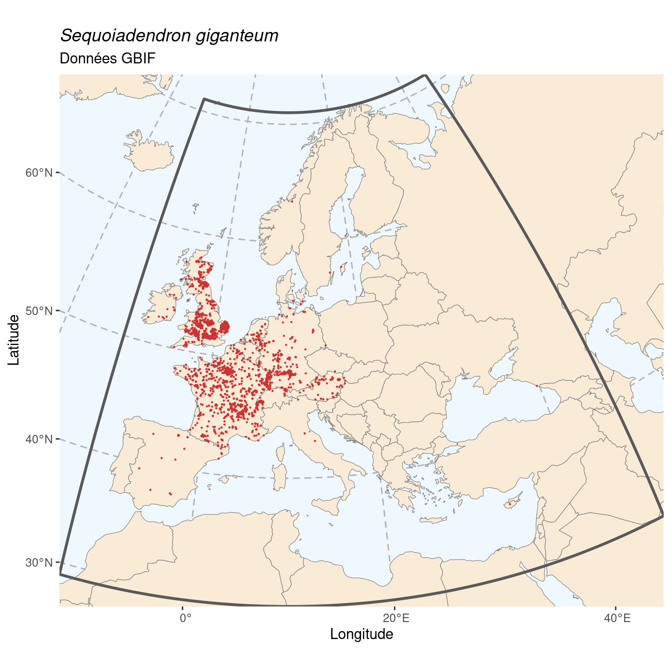 Occurrence de Sequoiadendron giganteum dans la région d'endémisme.