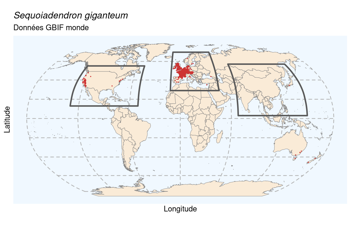 Occurrences de Sequoiadendron giganteum dans le monde.