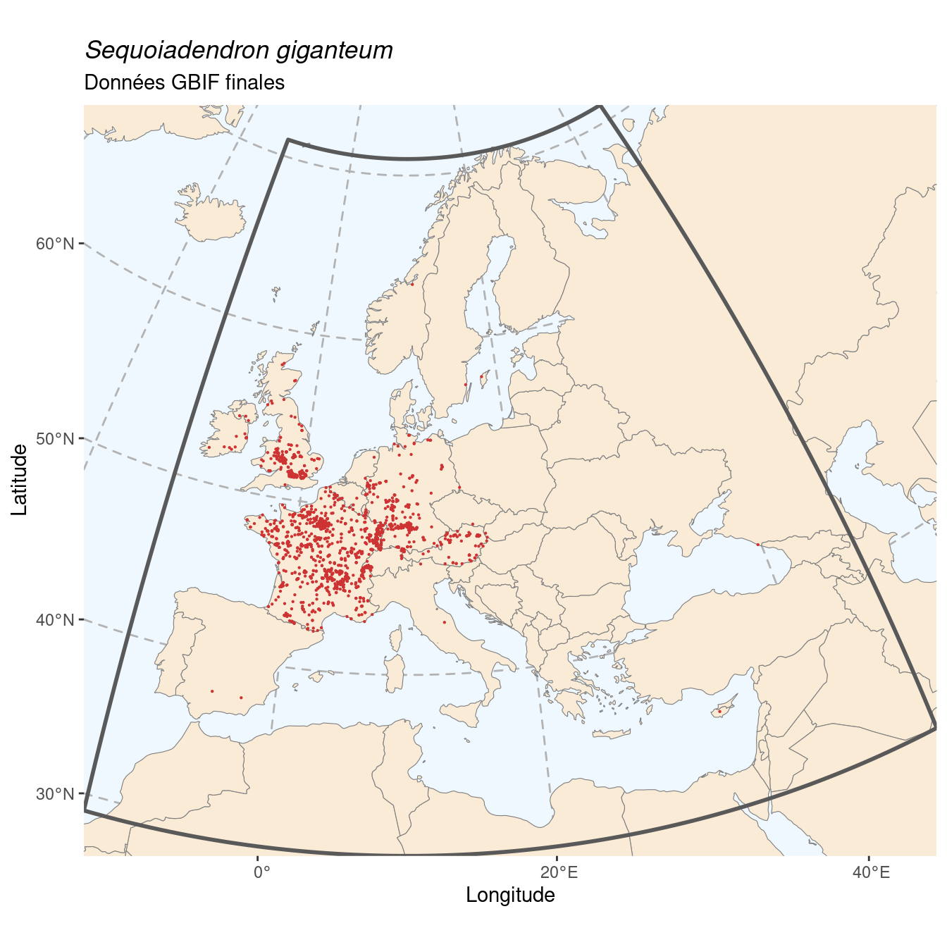 Occurrence de Sequoiadendron giganteum dans la région d'endémisme après sous-échantillonnage éventuel.