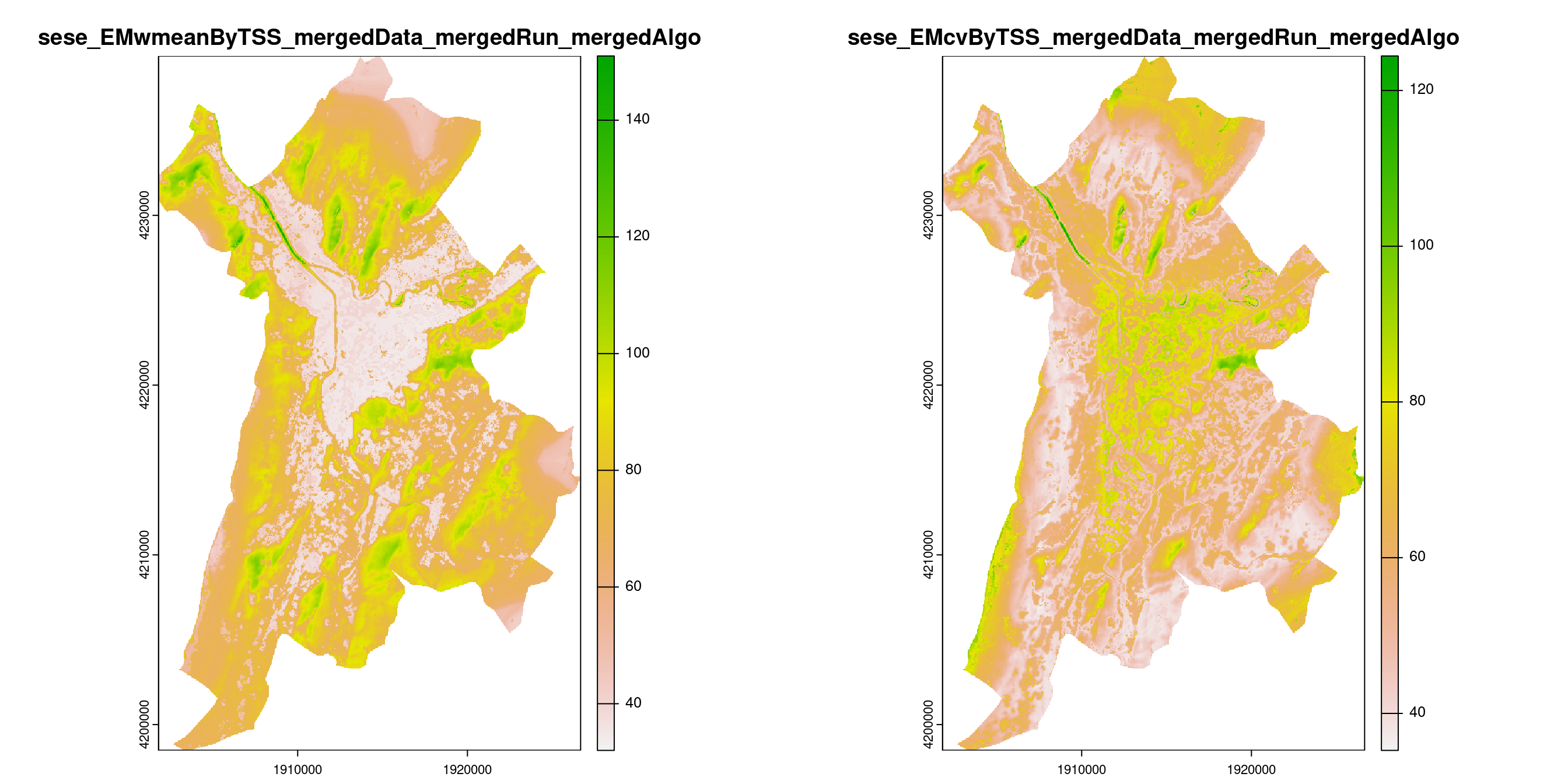 A) Projection de la distribution potentielle contemporaine (modèle d'ensemble) sur la métropole de Grenoble ; B) Incertitude associée à la projection.