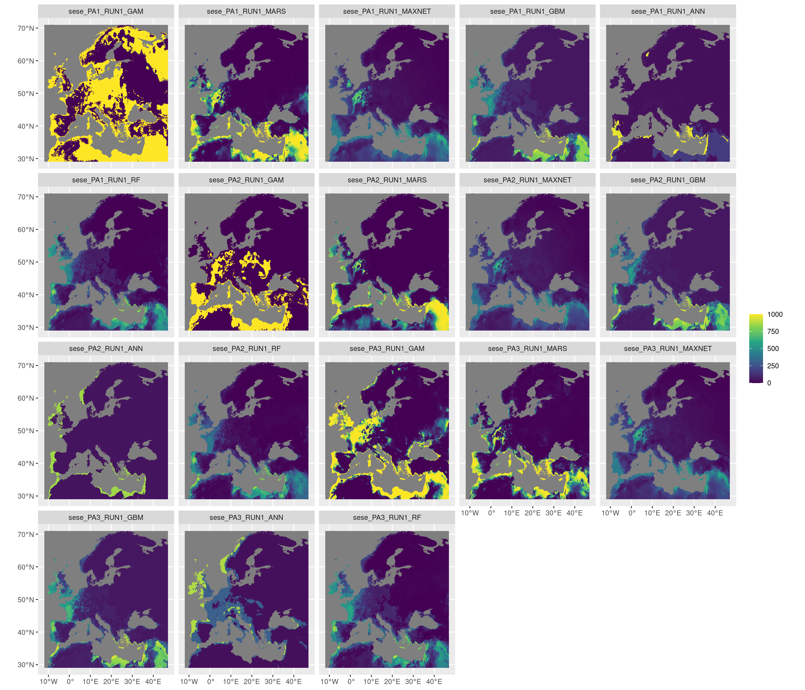 Projection de la distribution potentielle contemporaine sur l'Europe, selon les 6 algorithmes et les 3 runs.