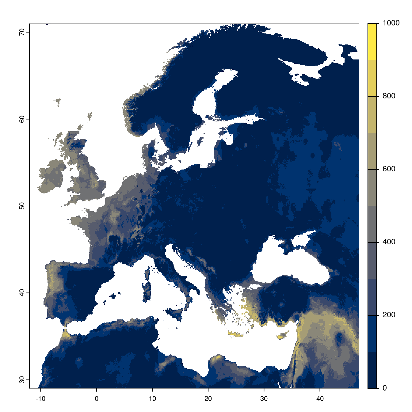 Projection des distributions potentielles futures jusqu'à l'horizon 2100 sous le scénario SSP3-7.0 (modèle d'ensemble).