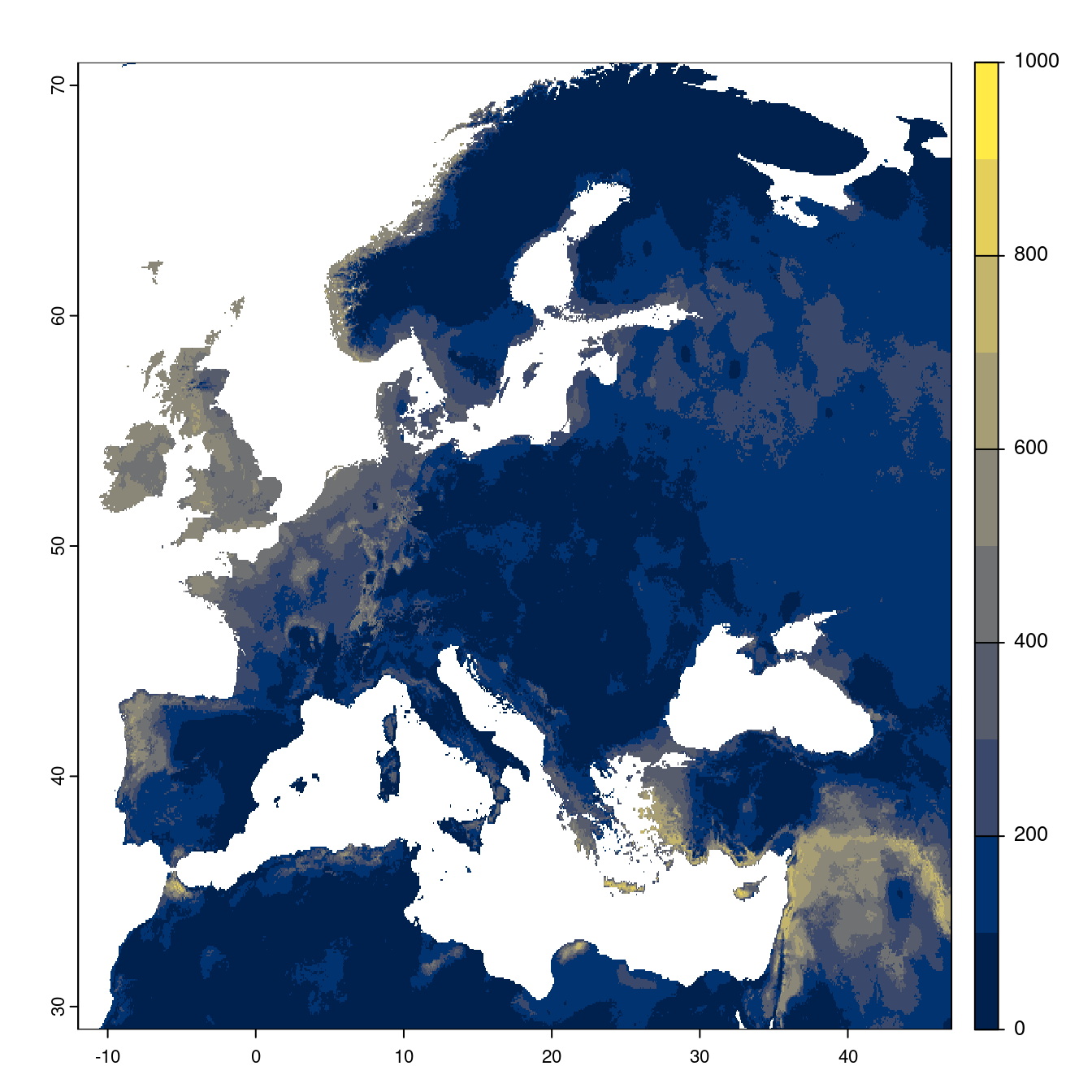 Projection des distributions potentielles futures jusqu'à l'horizon 2100 sous le scénario SSP3-7.0 (modèle d'ensemble).