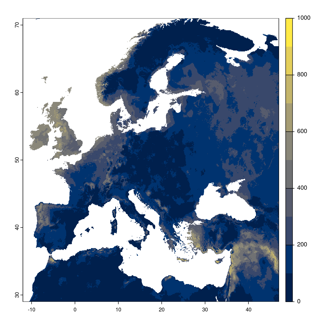 Projection des distributions potentielles futures jusqu'à l'horizon 2100 sous le scénario SSP5-8.5 (modèle d'ensemble).