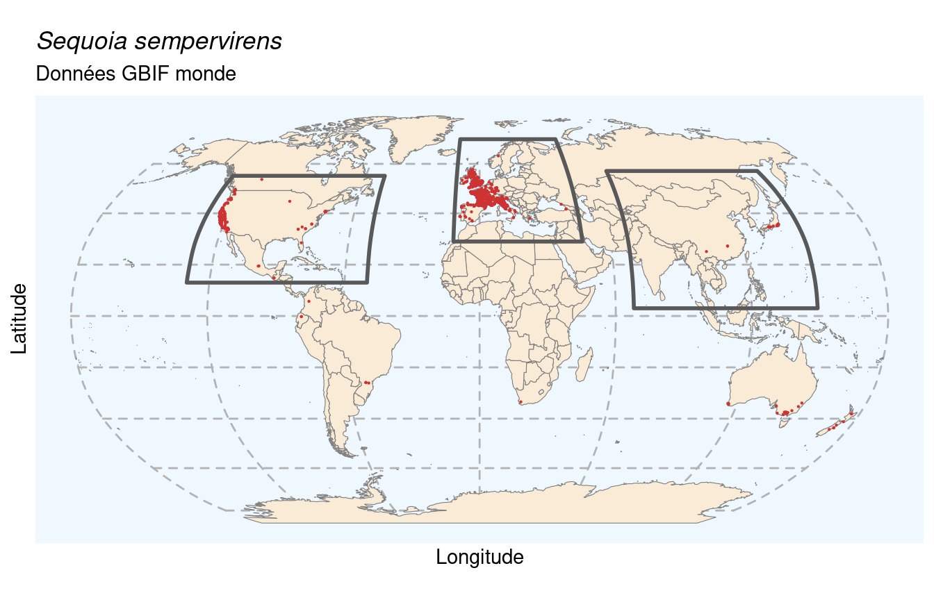 Occurrences de Sequoia sempervirens dans le monde.