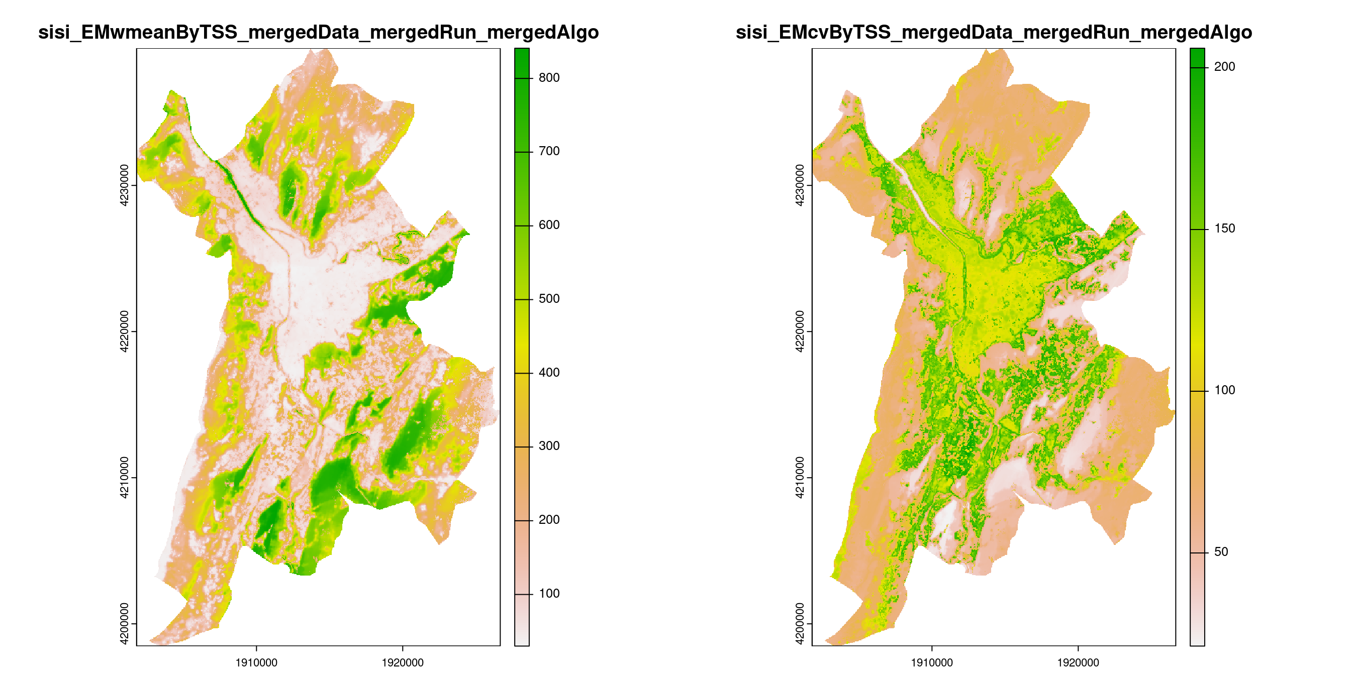 A) Projection de la distribution potentielle contemporaine (modèle d'ensemble) sur la métropole de Grenoble ; B) Incertitude associée à la projection.