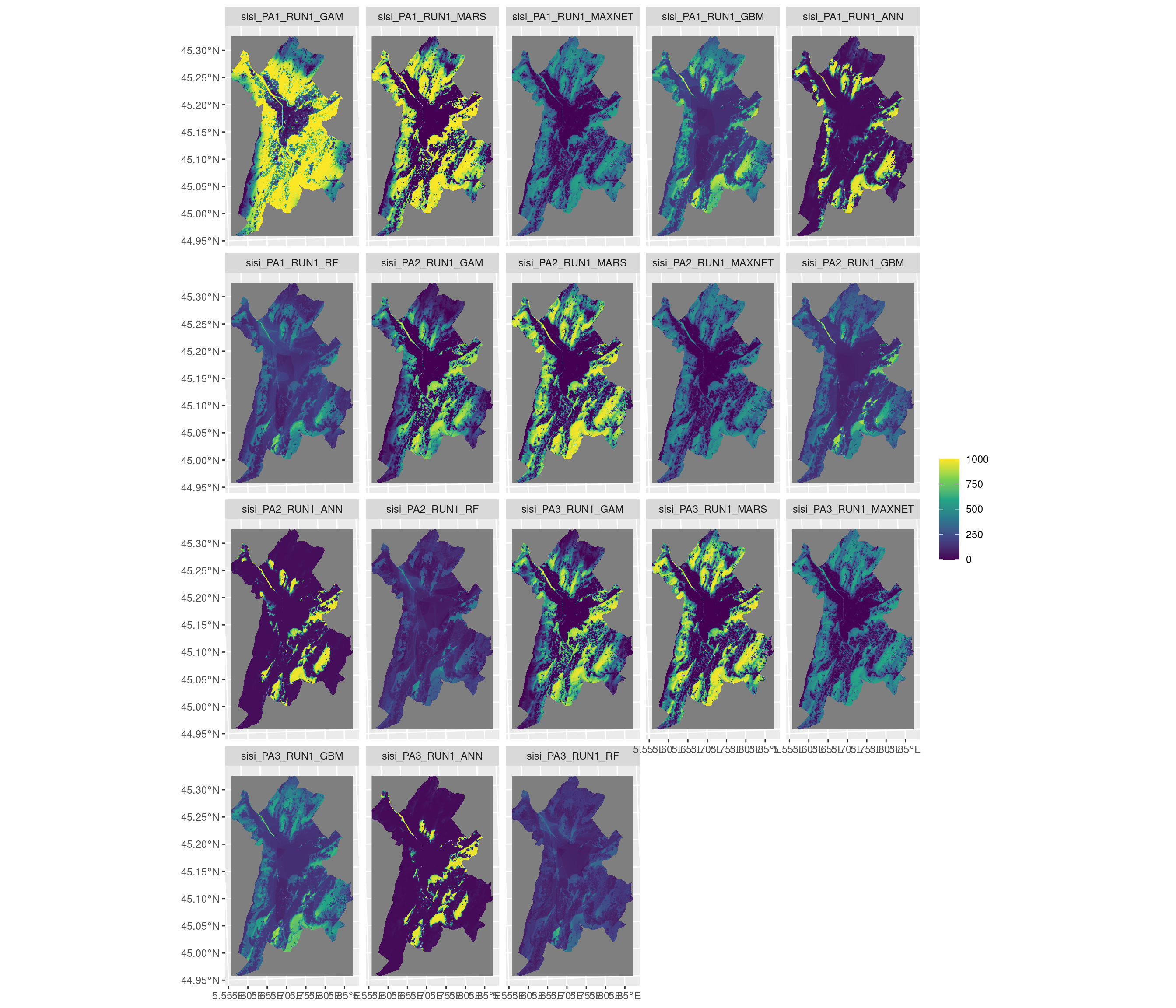 Projection de la distribution potentielle contemporaine sur la métropole de Grenoble, selon les 6 algorithmes et les 3 runs.