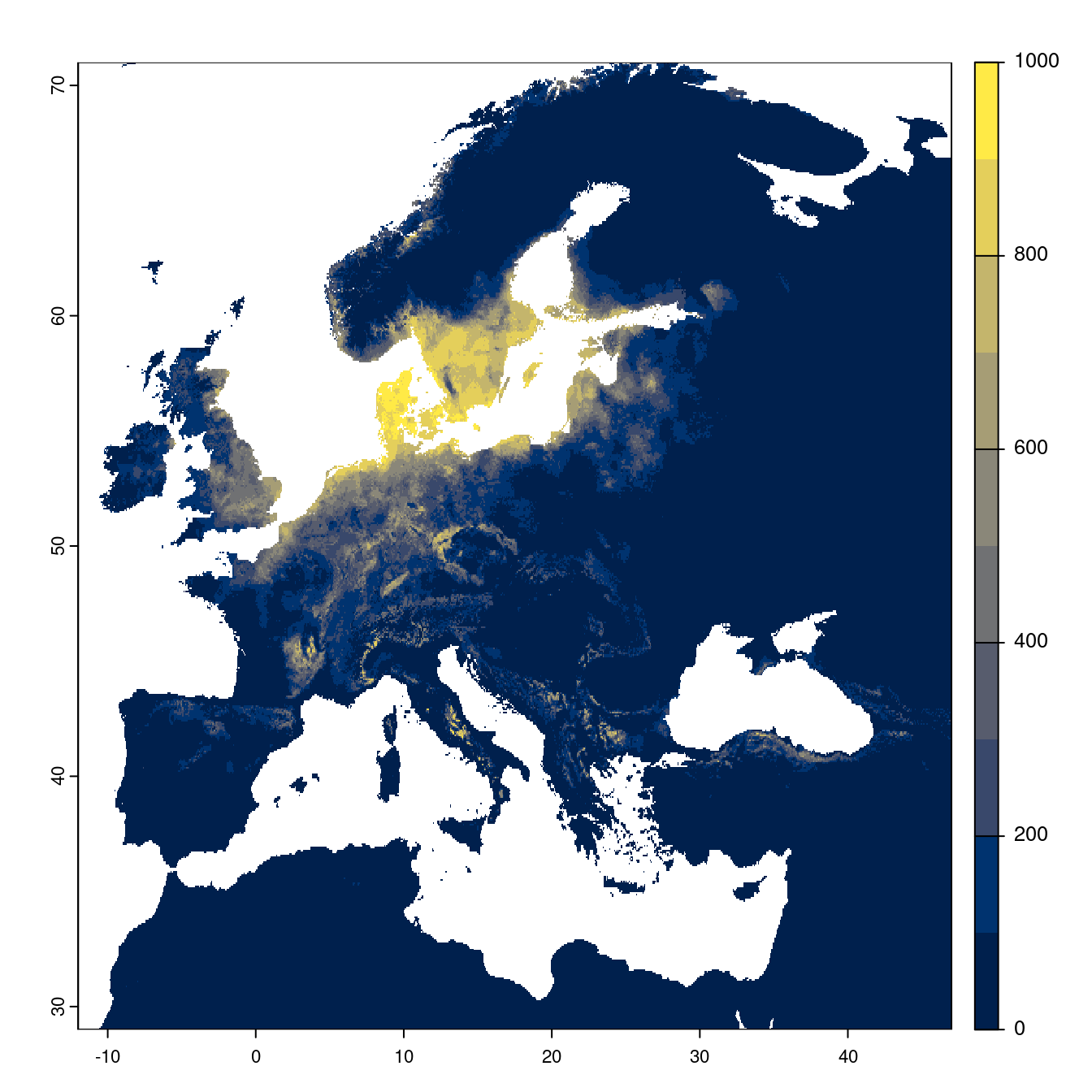 Projection des distributions potentielles futures jusqu'à l'horizon 2100 sous le scénario SSP3-7.0 (modèle d'ensemble).