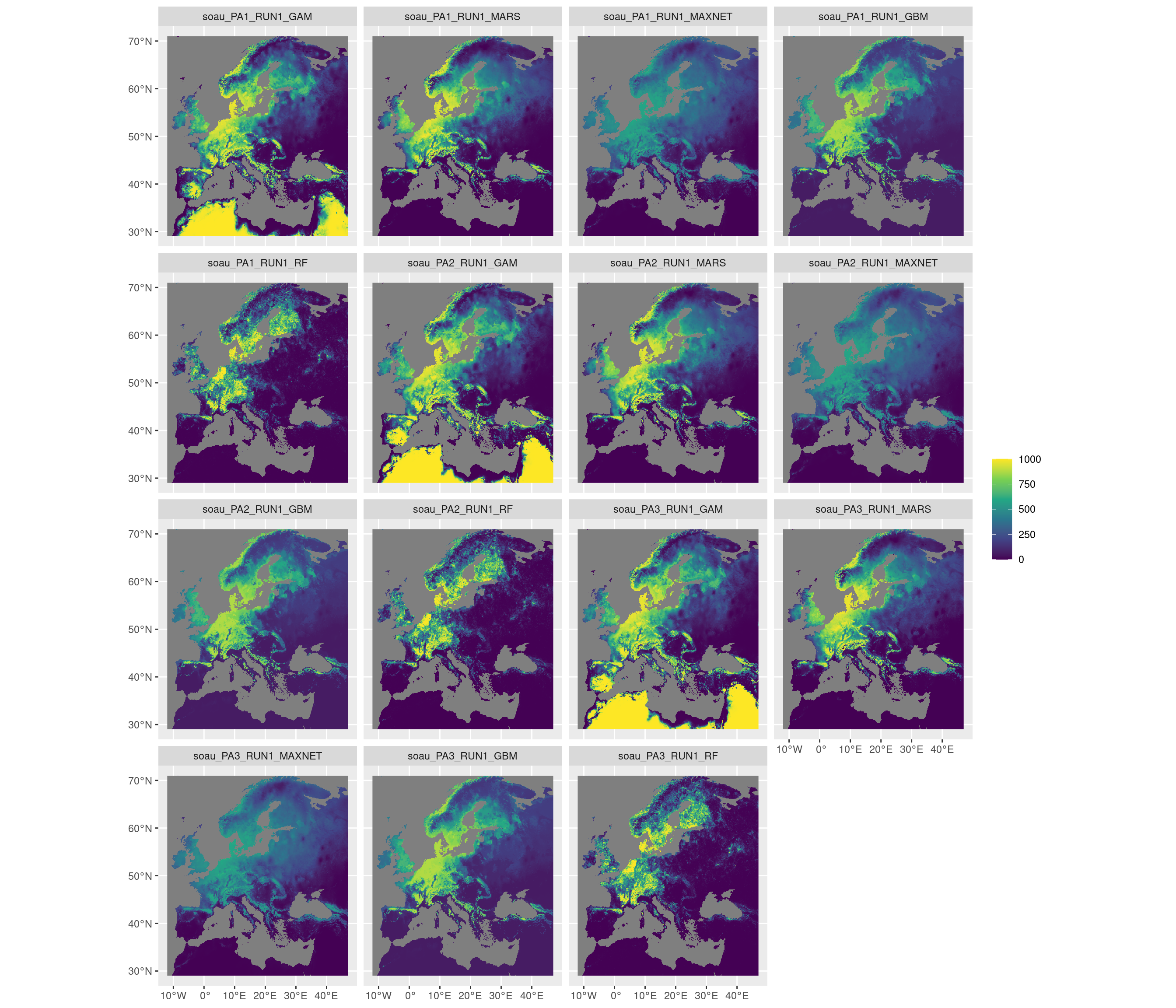 Projection de la distribution potentielle contemporaine sur l'Europe, selon les 6 algorithmes et les 3 runs.