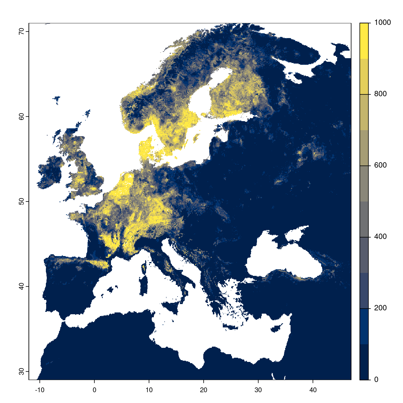 Projection des distributions potentielles futures jusqu'à l'horizon 2100 sous le scénario SSP2-4.5 (modèle d'ensemble).