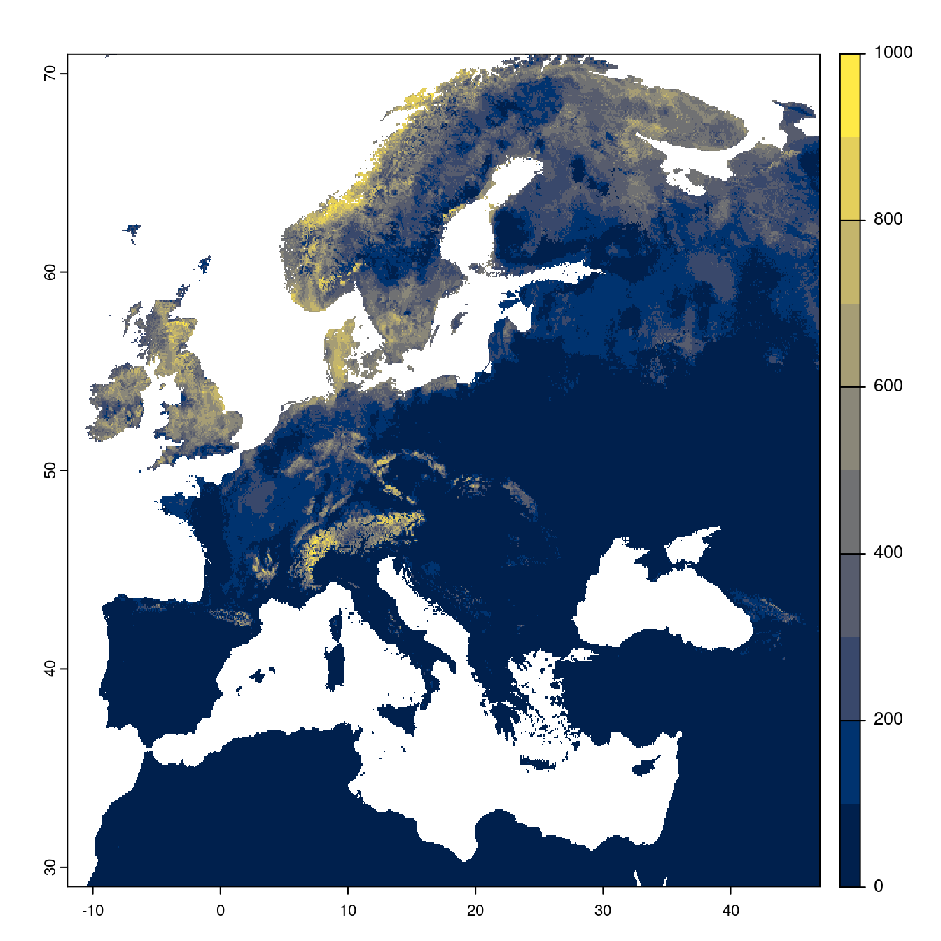 Projection des distributions potentielles futures jusqu'à l'horizon 2100 sous le scénario SSP2-4.5 (modèle d'ensemble).