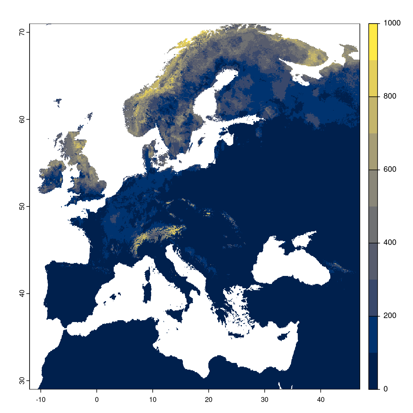 Projection des distributions potentielles futures jusqu'à l'horizon 2100 sous le scénario SSP3-7.0 (modèle d'ensemble).