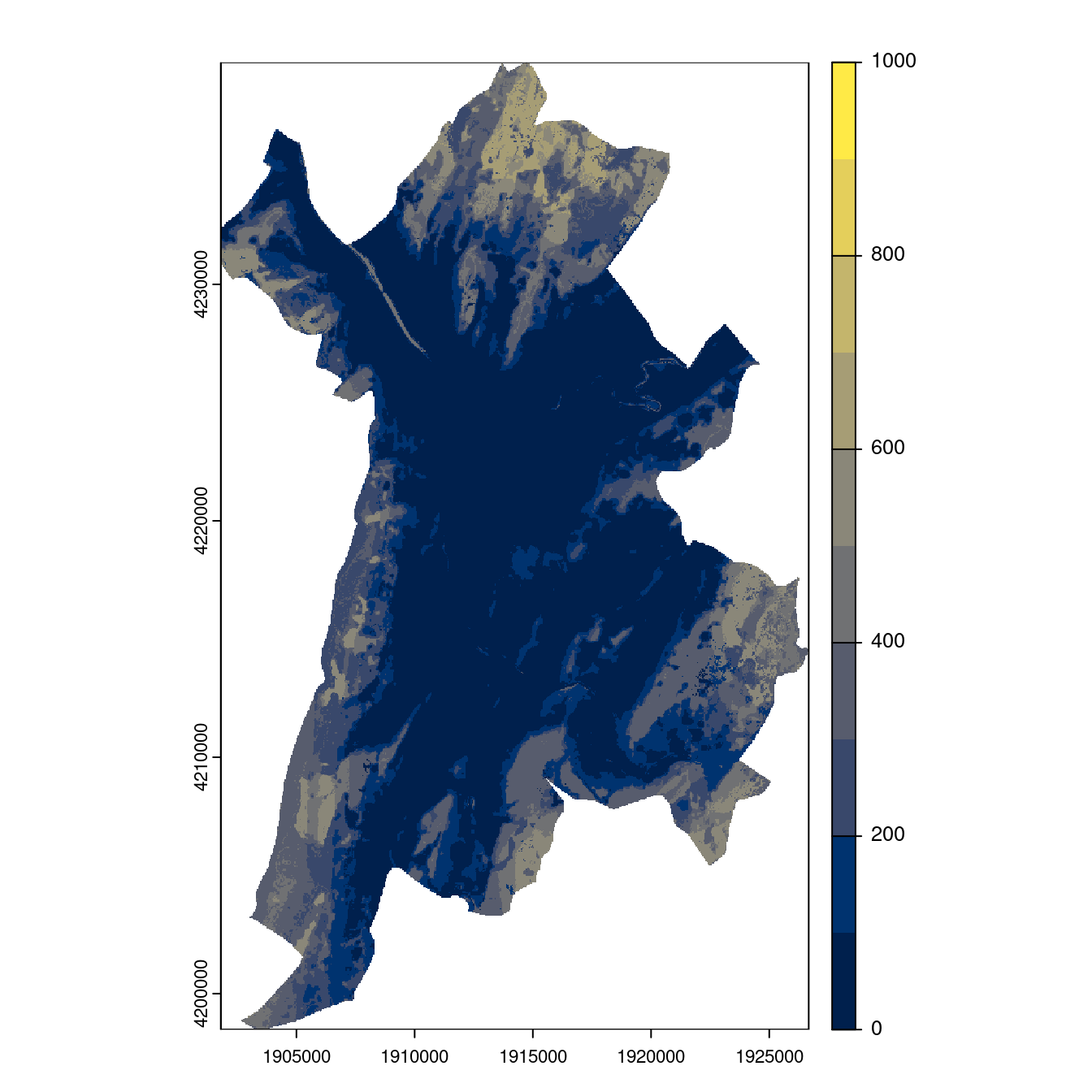 Projection des distributions potentielles contemporaine et futures jusqu'à l'horizon 2100 sous le scénario SSP5-8.5 (modèle d'ensemble, GCM IPSL).