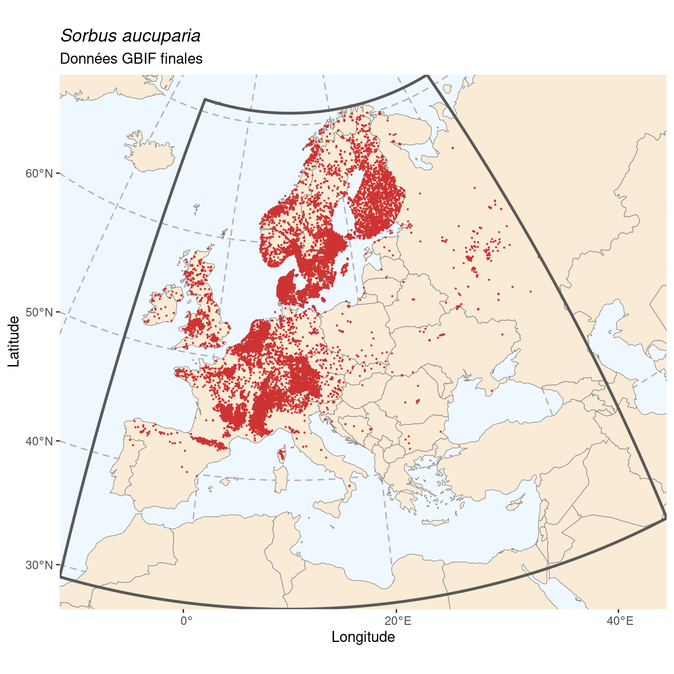 Occurrence de Sorbus aucuparia dans la région d'endémisme après sous-échantillonnage éventuel.