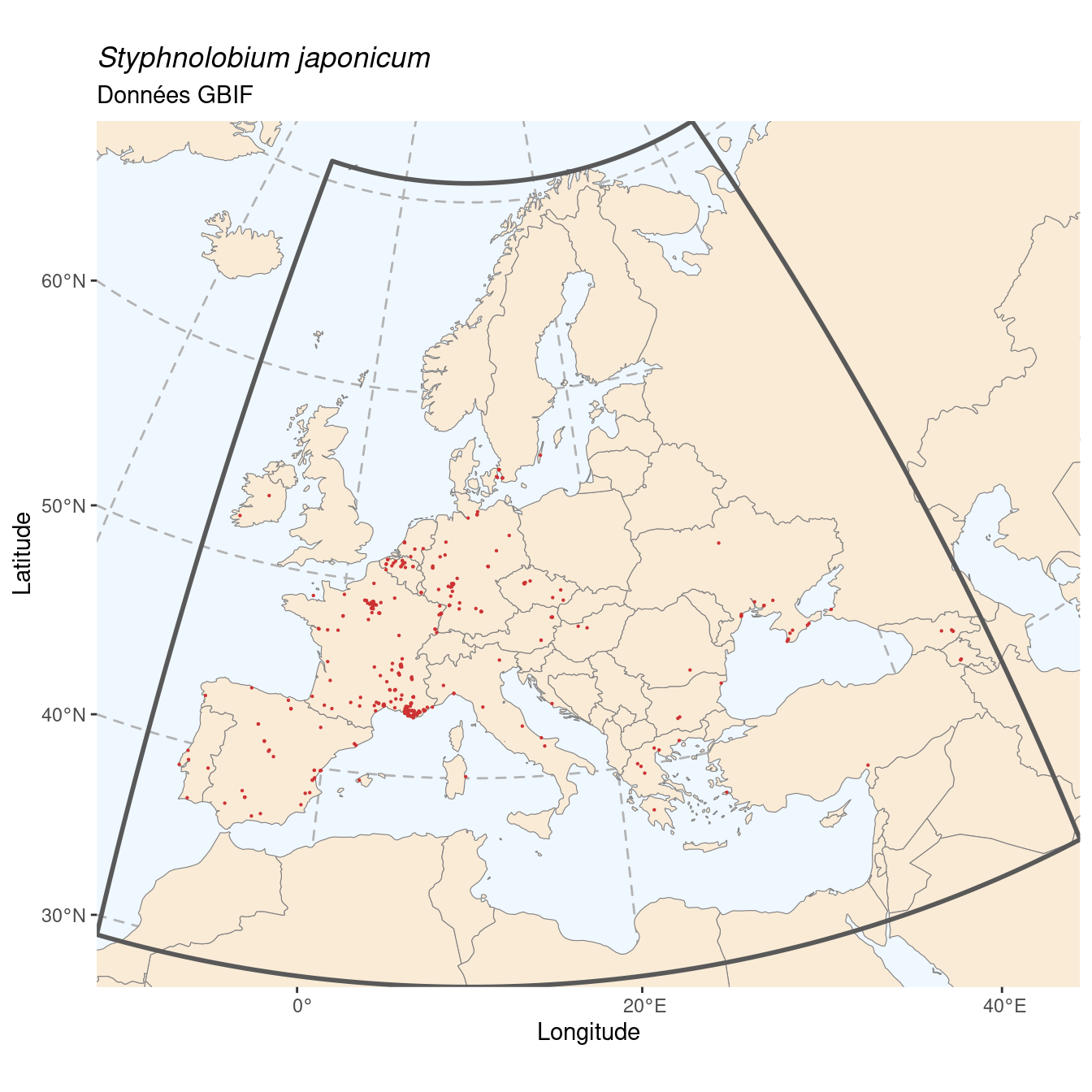 Occurrence de Styphnolobium japonicum dans la région d'endémisme.