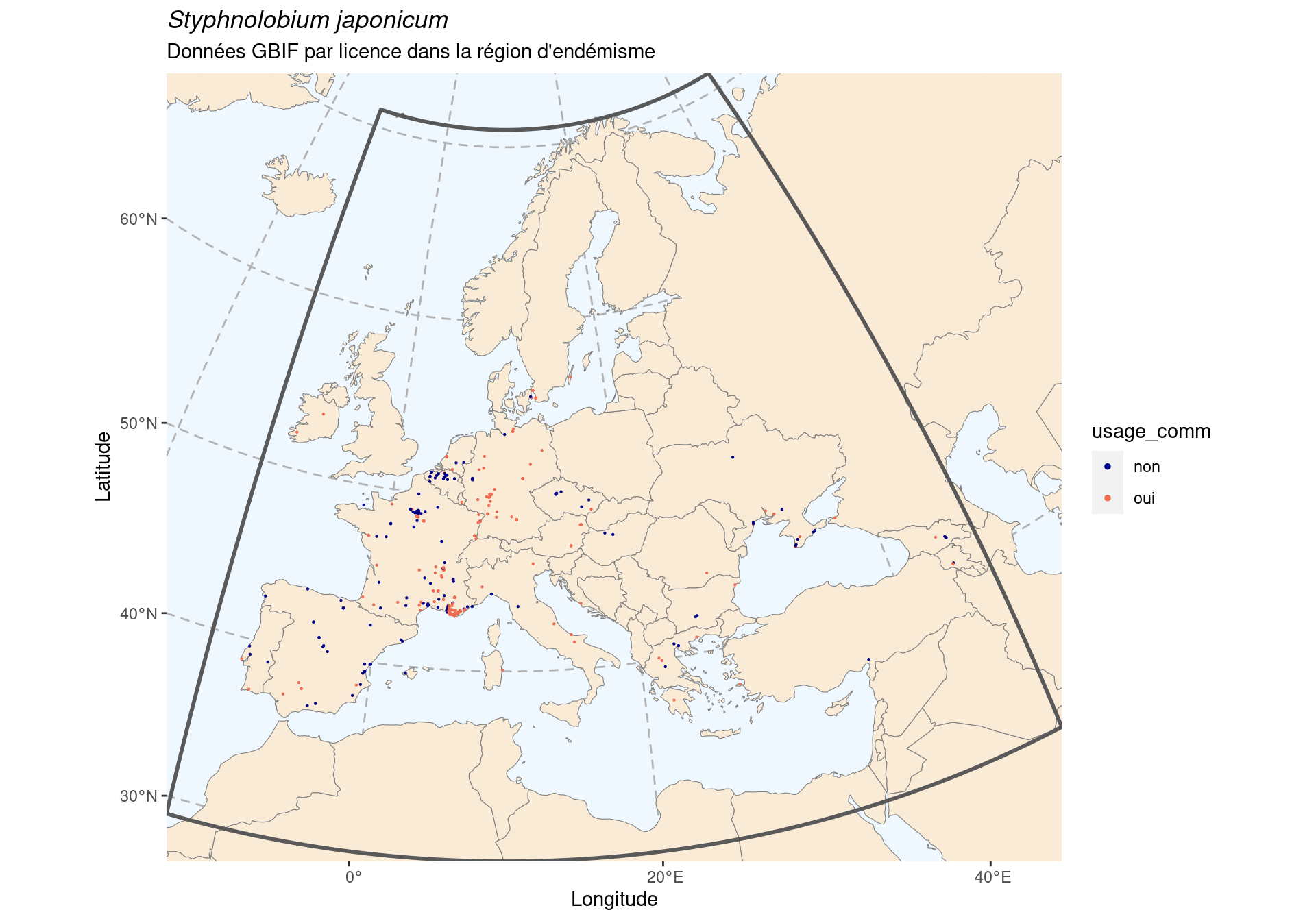 Occurrence de Styphnolobium japonicum dans la région d'endémisme, selon la licence : CC BY-NC en bleu ; CC0 et CC BY en orange.