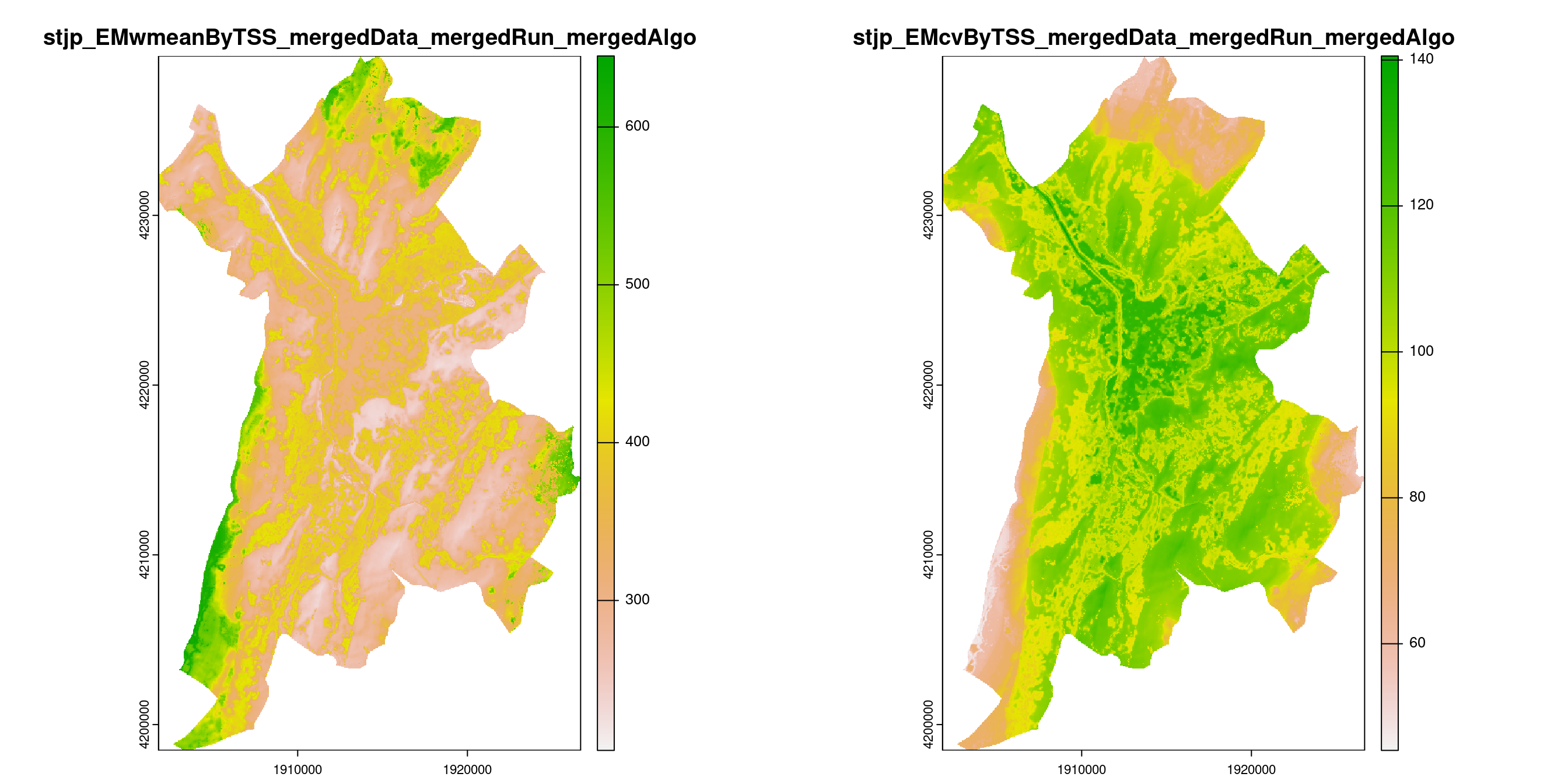 A) Projection de la distribution potentielle contemporaine (modèle d'ensemble) sur la métropole de Grenoble ; B) Incertitude associée à la projection.