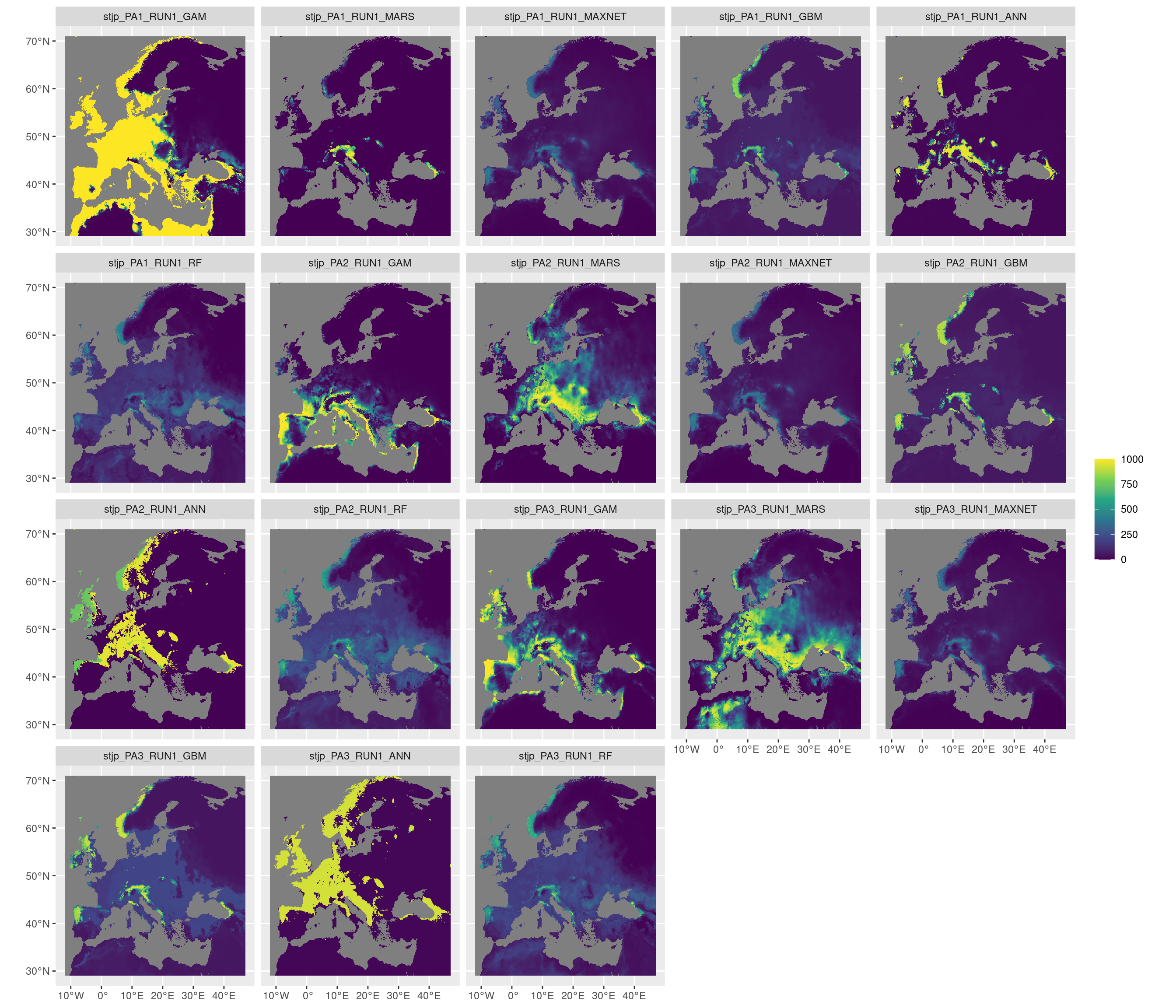 Projection de la distribution potentielle contemporaine sur l'Europe, selon les 6 algorithmes et les 3 runs.