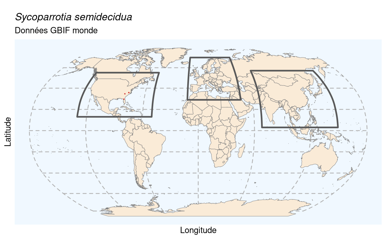 Occurrences de Sycoparrotia semidecidua dans le monde.