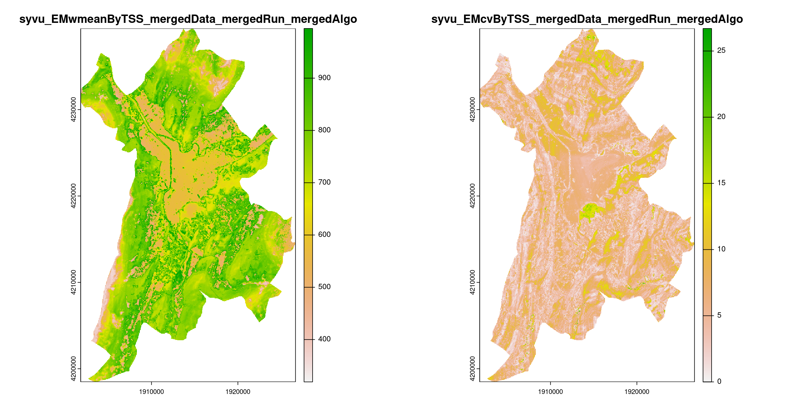 A) Projection de la distribution potentielle contemporaine (modèle d'ensemble) sur la métropole de Grenoble ; B) Incertitude associée à la projection.
