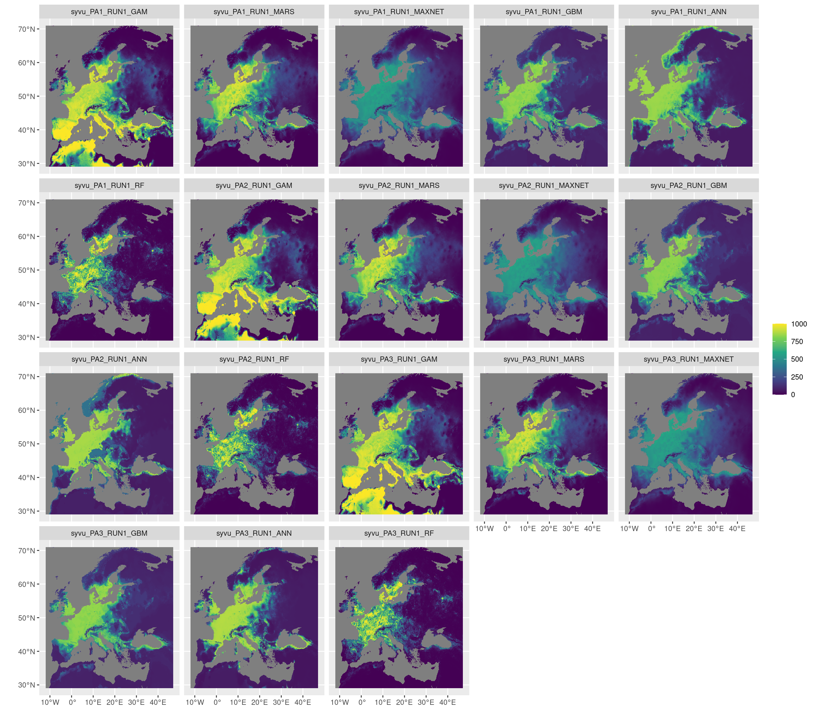 Projection de la distribution potentielle contemporaine sur l'Europe, selon les 6 algorithmes et les 3 runs.