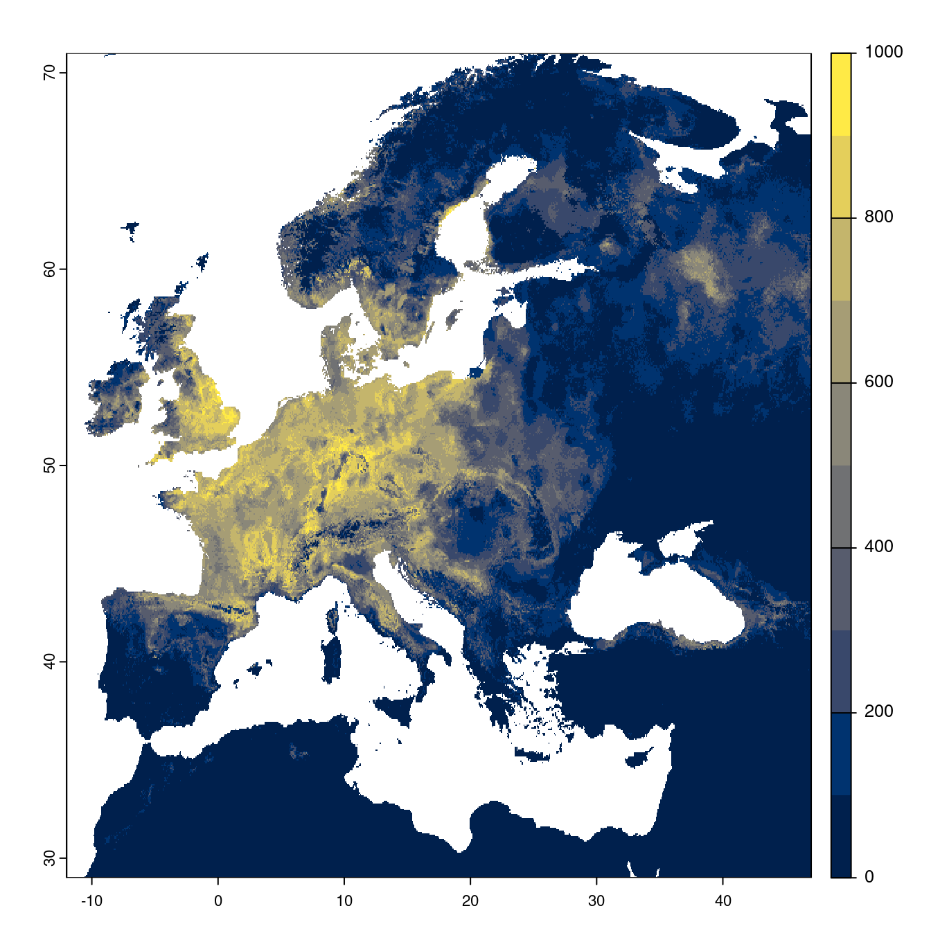Projection des distributions potentielles futures jusqu'à l'horizon 2100 sous le scénario SSP1-2.6 (modèle d'ensemble).