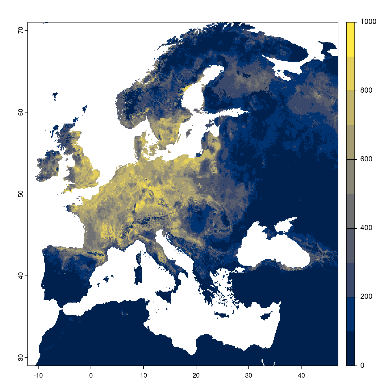 Projection des distributions potentielles futures jusqu'à l'horizon 2100 sous le scénario SSP1-2.6 (modèle d'ensemble).